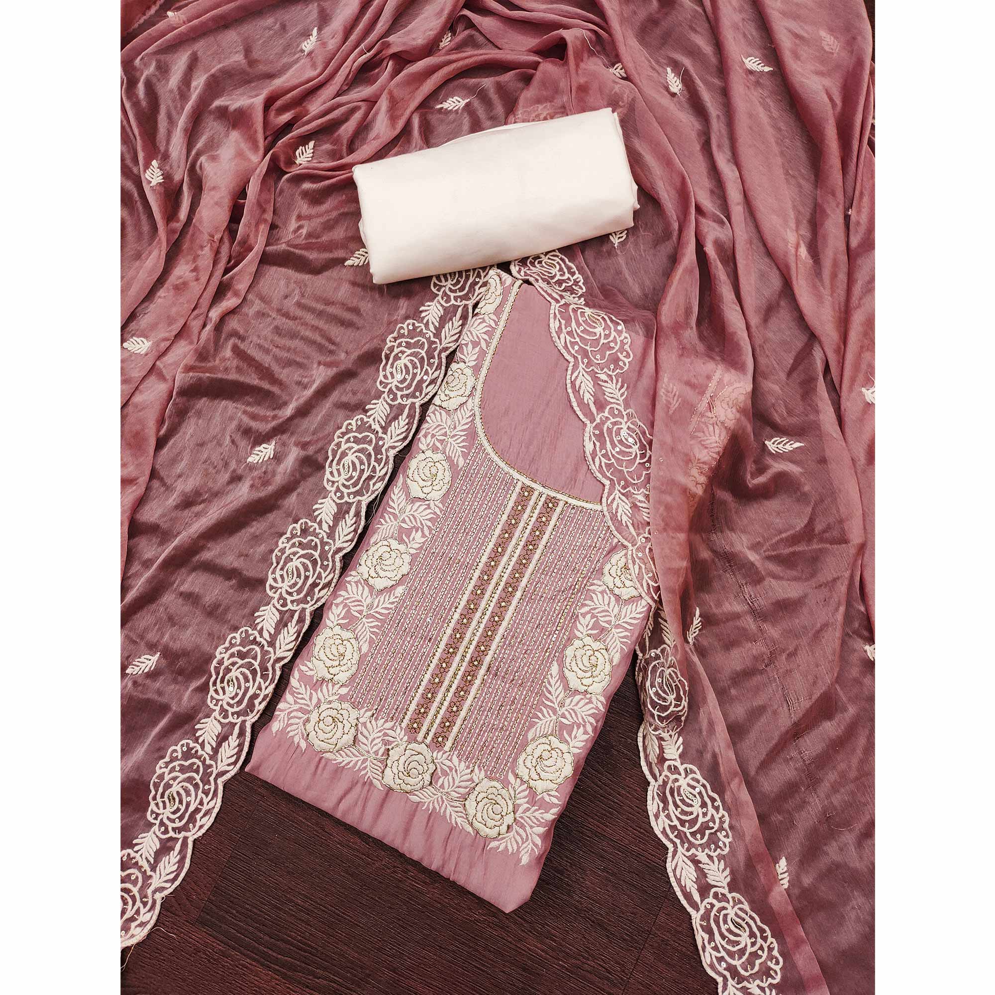 Peach Cotton Silk Dress Material Embellished With Floral Embroidery & Intricate Handwork