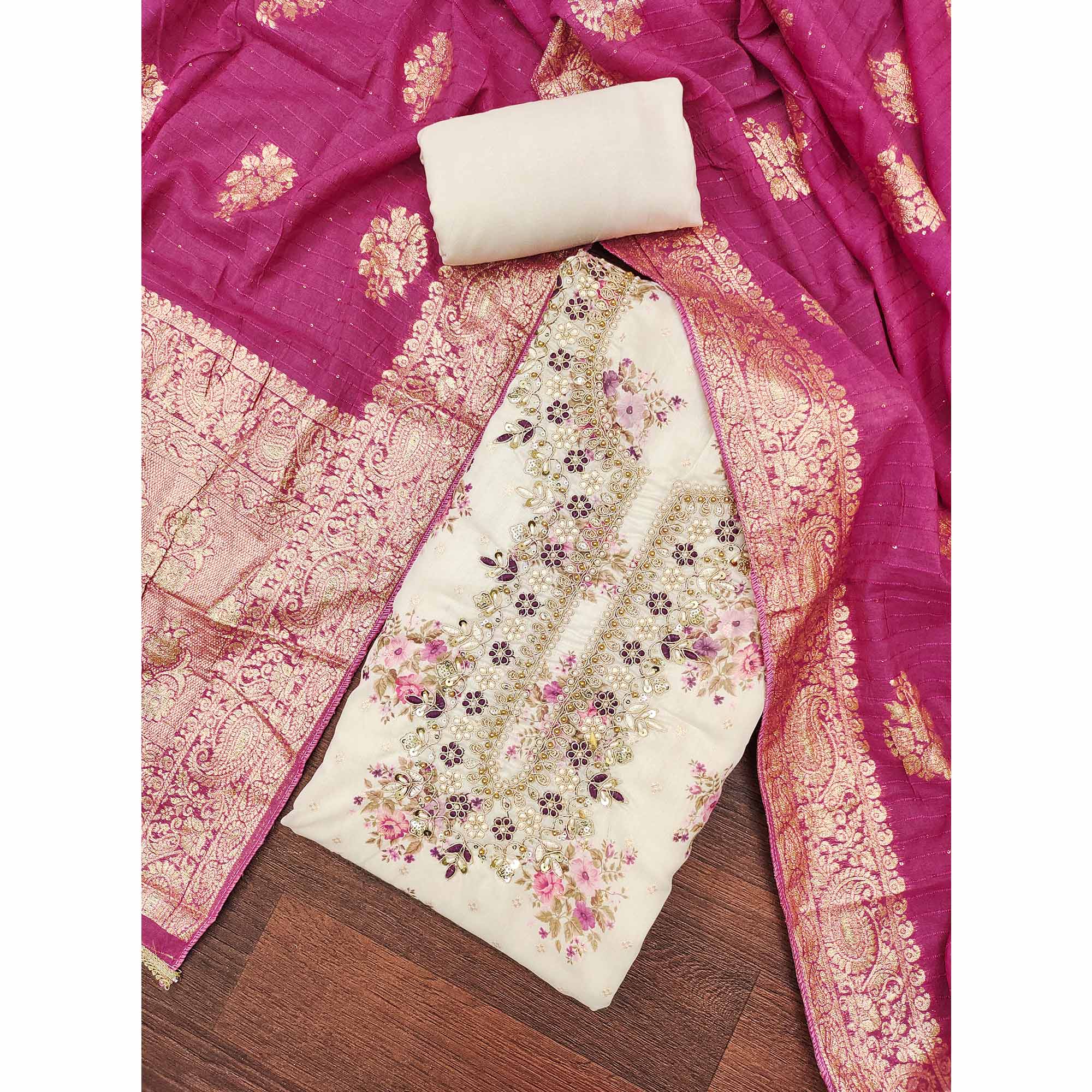Cream Chanderi Silk Dress Material Adorned With Floral Sequins Embroidery & Delicate Moti Handwork