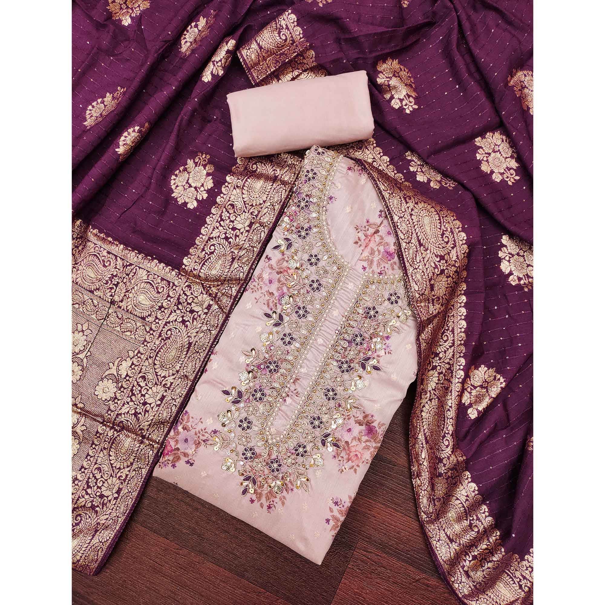 Dusty Mauve Chanderi Silk Dress Material Adorned With Floral Sequins Embroidery & Moti Handwork