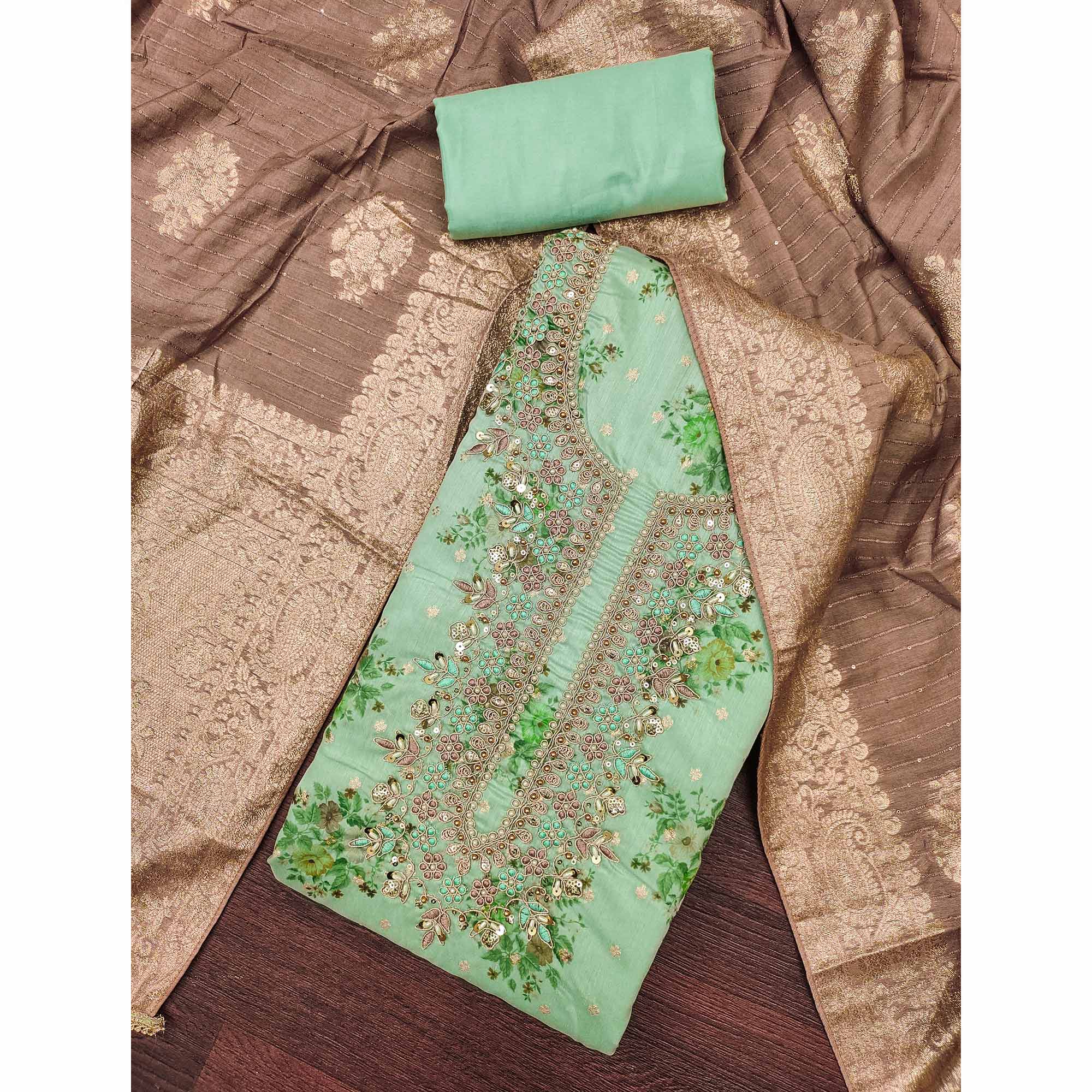 Sea Green Chanderi Silk Dress Material Adorned With Floral Sequins Embroidery & Moti Handwork