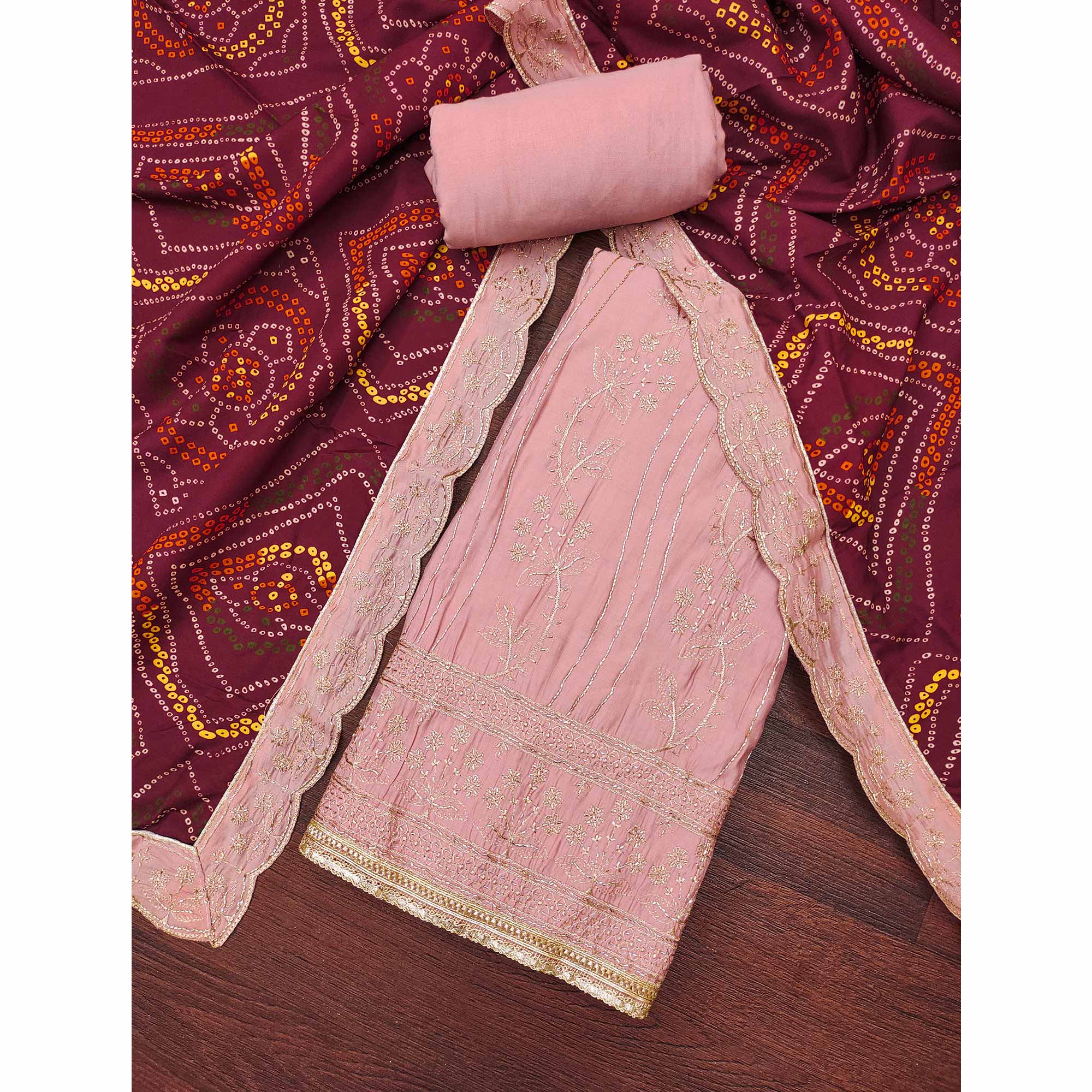 Peach Cotton Silk Dress Material Embellished With Elegant Floral Hand Embroidery Work