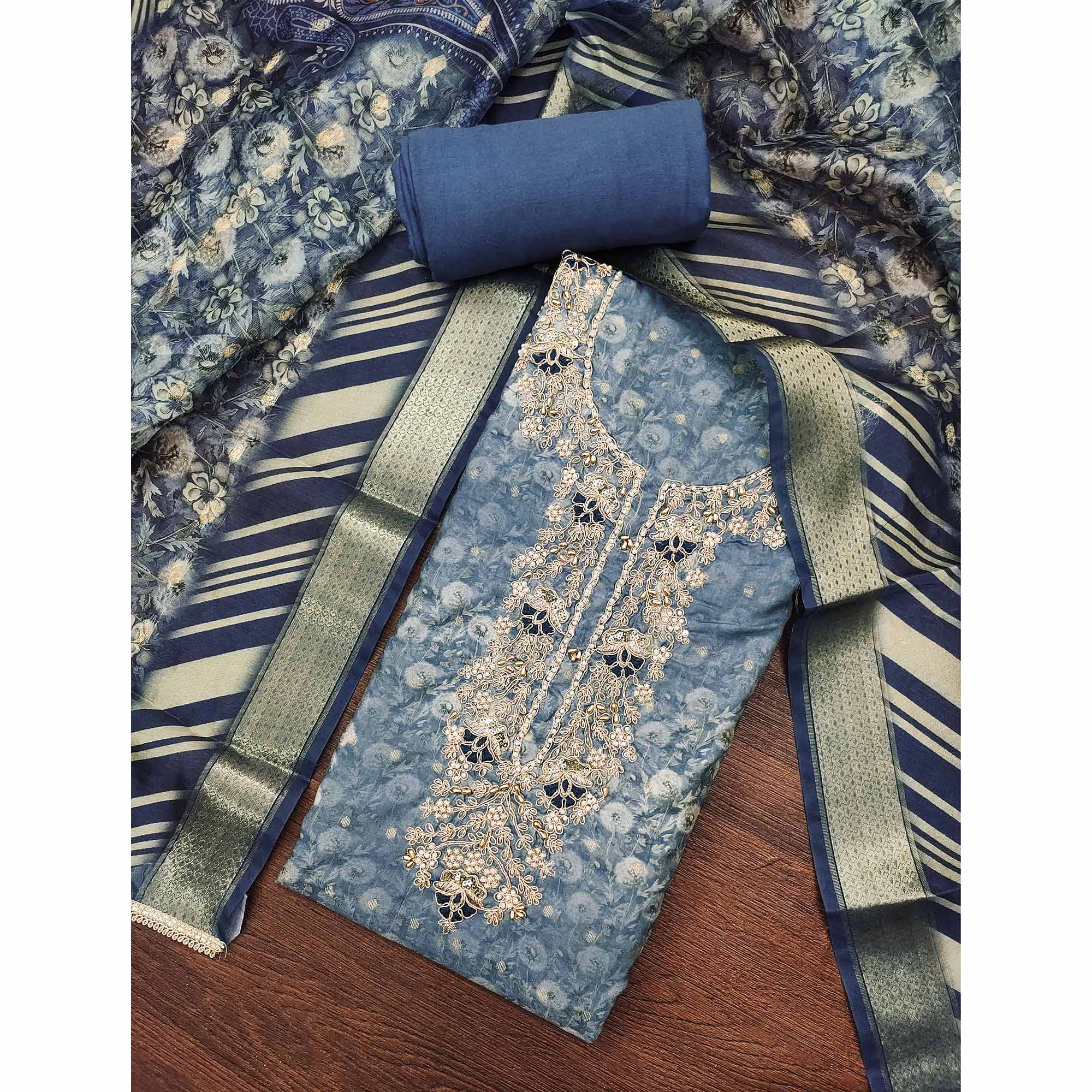 Blue Banarasi Cotton Blend Dress Material With Floral Digital Print & Elegant Moti Handwork