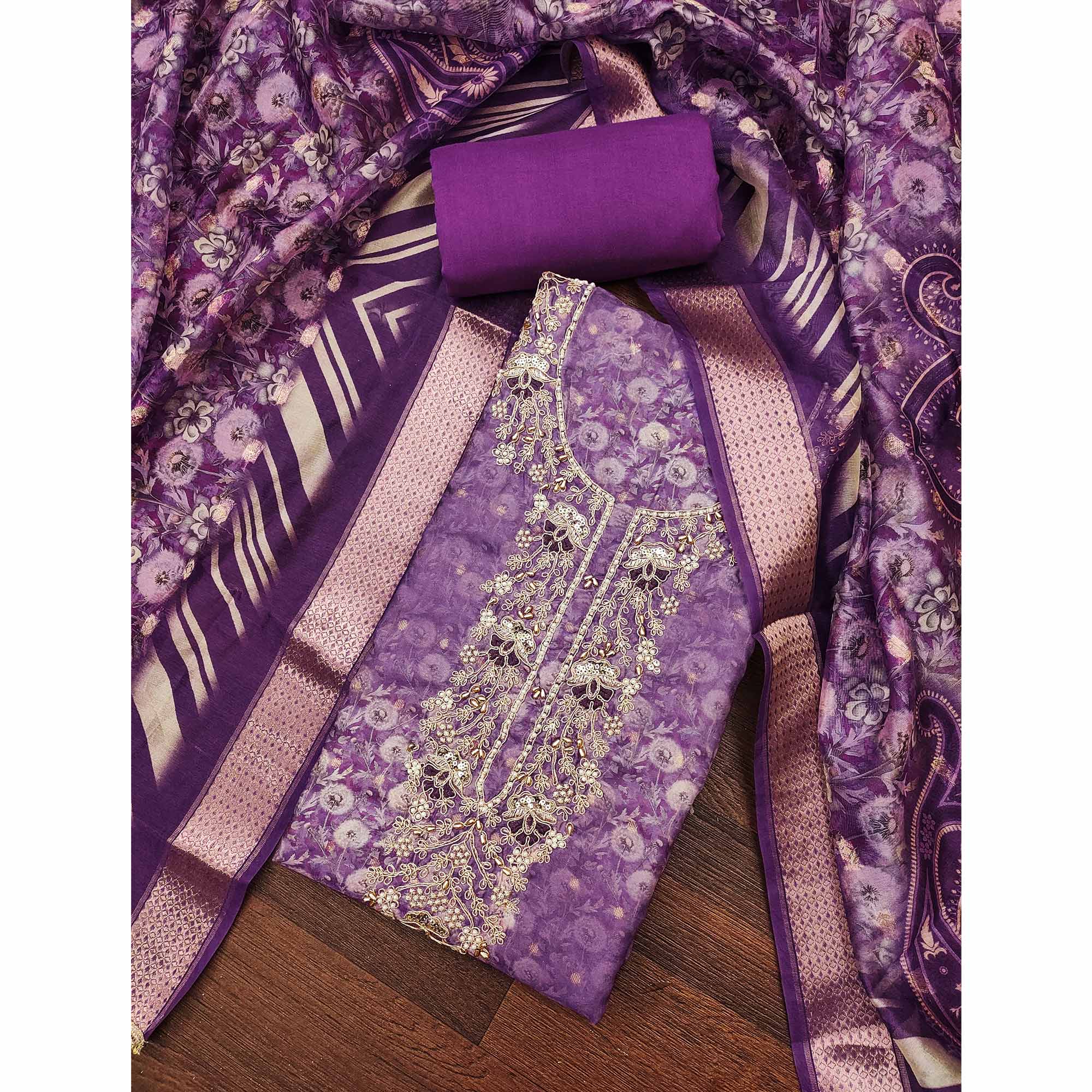 Purple Banarasi Cotton Blend Dress Material With Floral Digital Print & Elegant Moti Handwork
