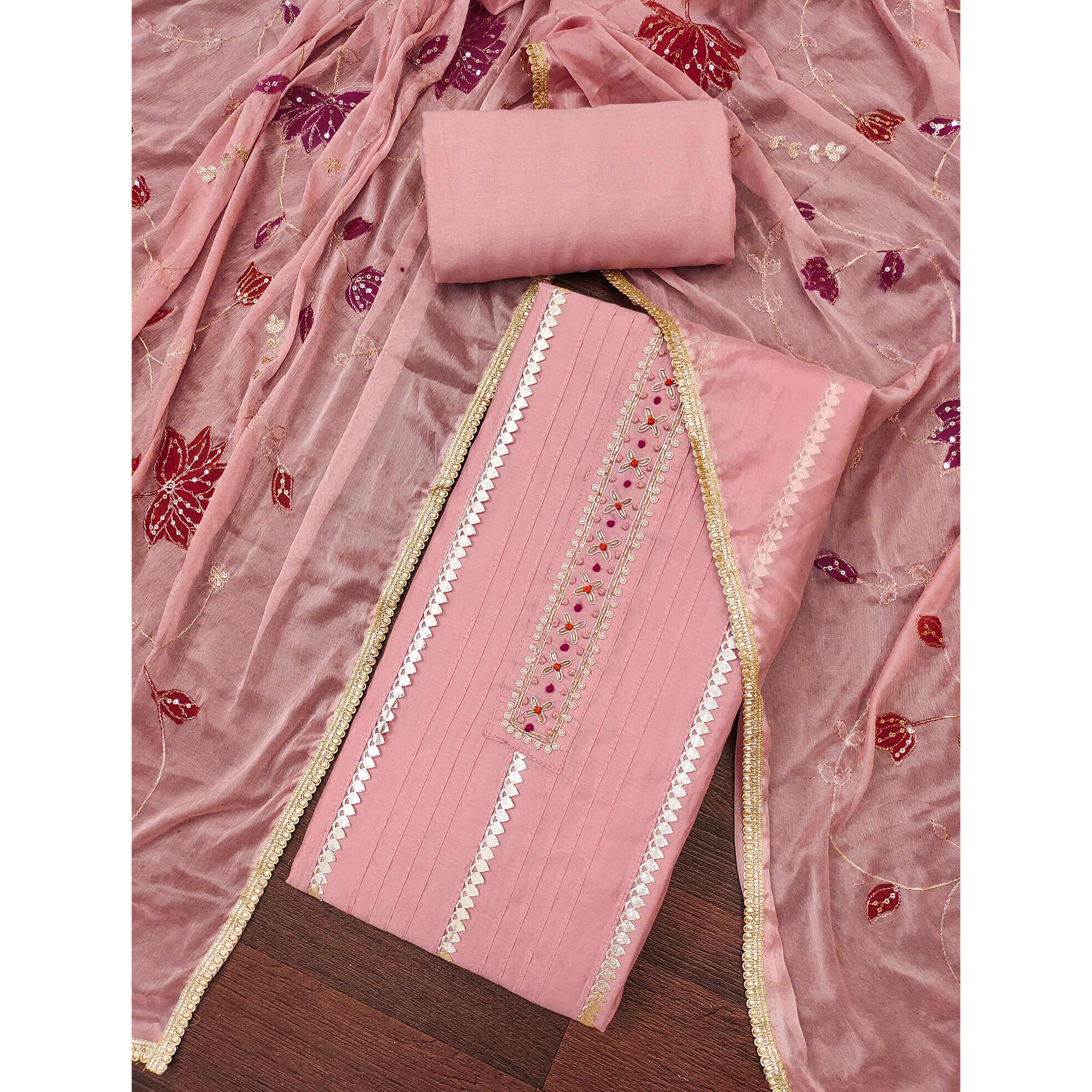 Peach Cotton Silk Dress Material Embellished With Elegant Moti Handwork & Delicate Gota Patti Lace