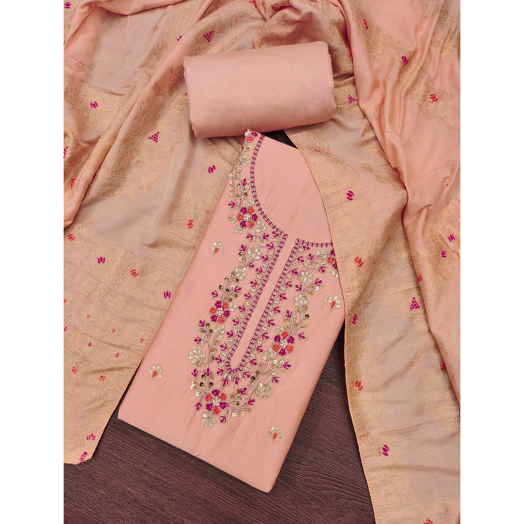 Peach Pure Cotton Dress Material Featuring Floral Sequins Cording Embroidery With Moti Handwork