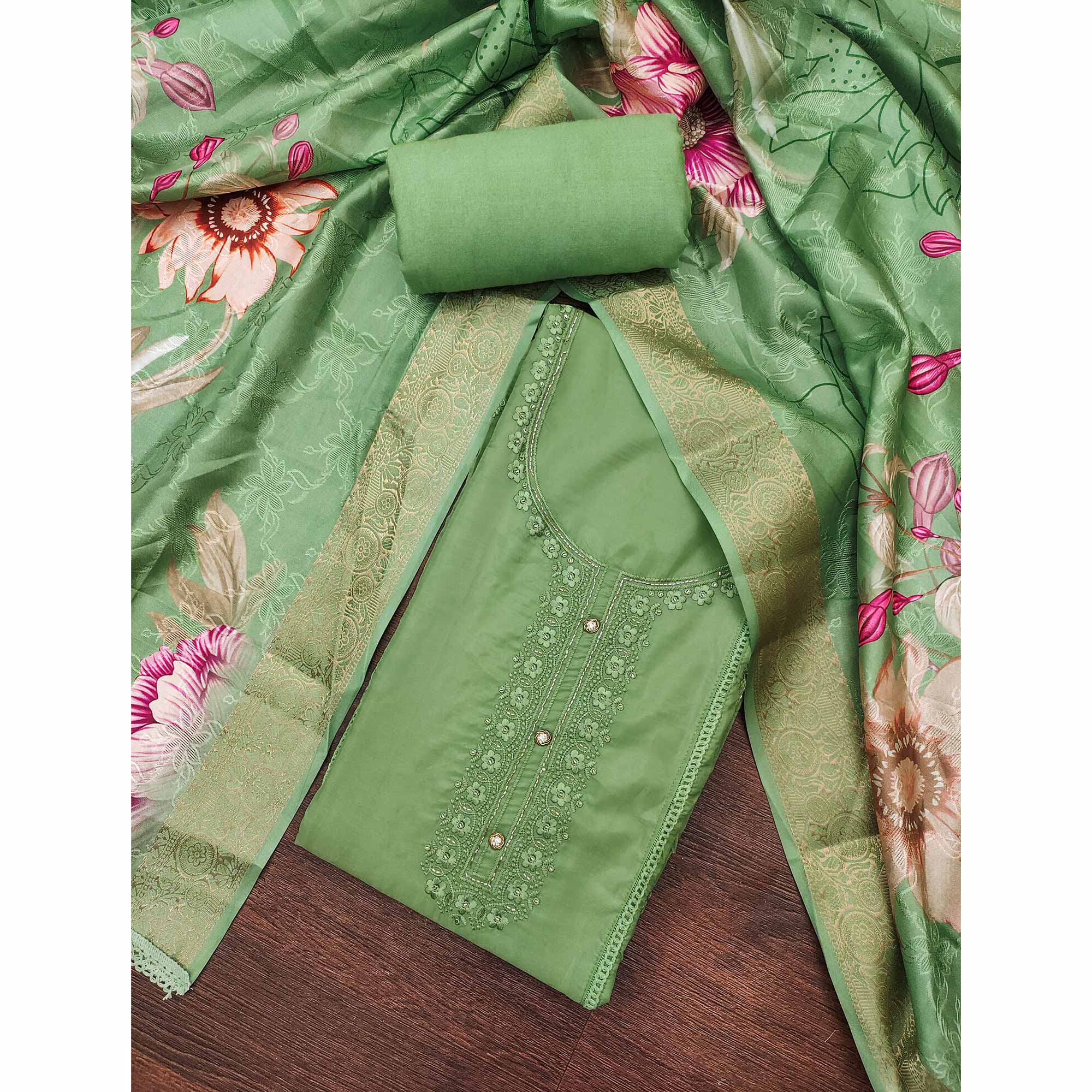 Green Organza Dress Material Adorned With Floral Thread Embroidery & Elegant Handwork