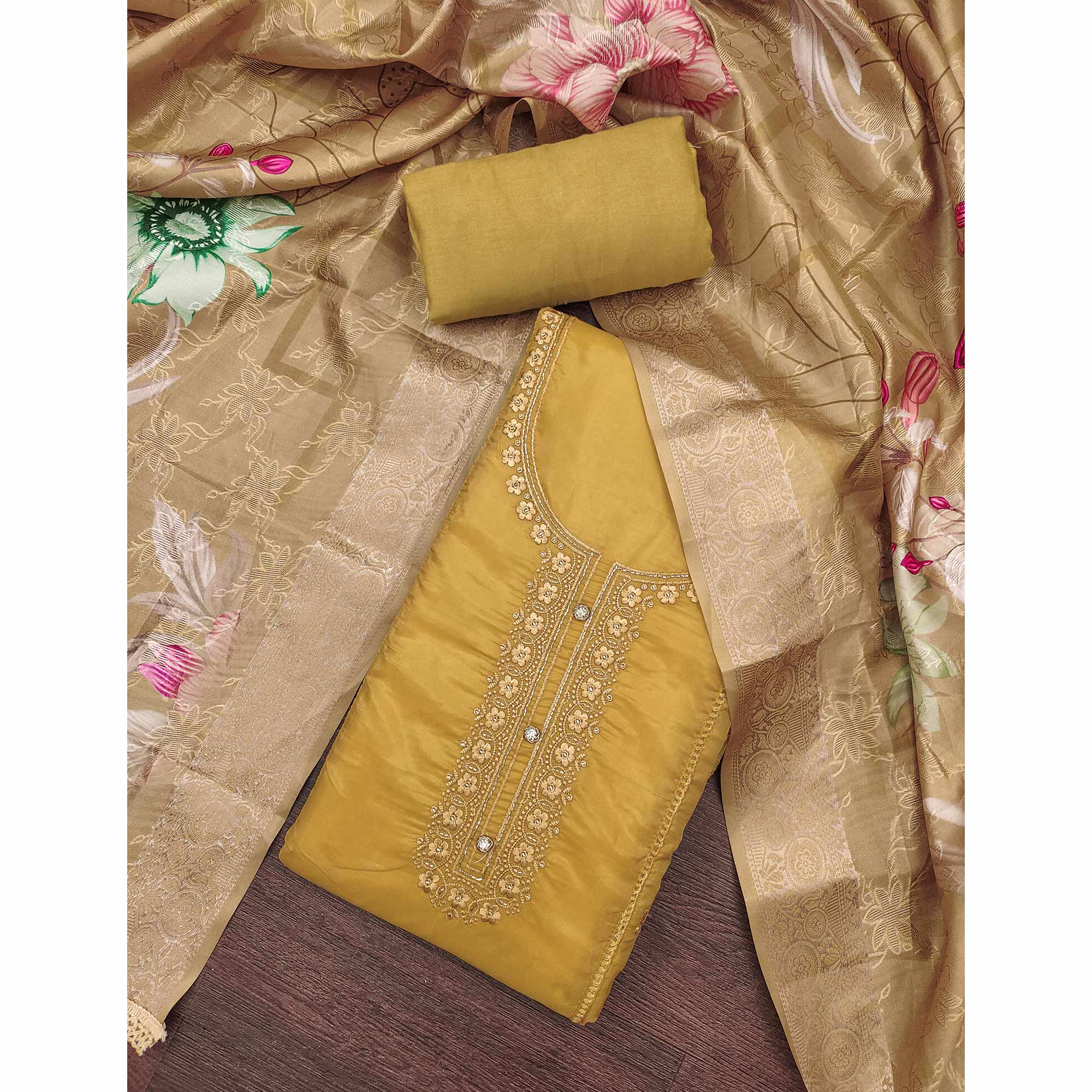 Mustard Organza Dress Material Adorned With Floral Thread Embroidery & Elegant Handwork