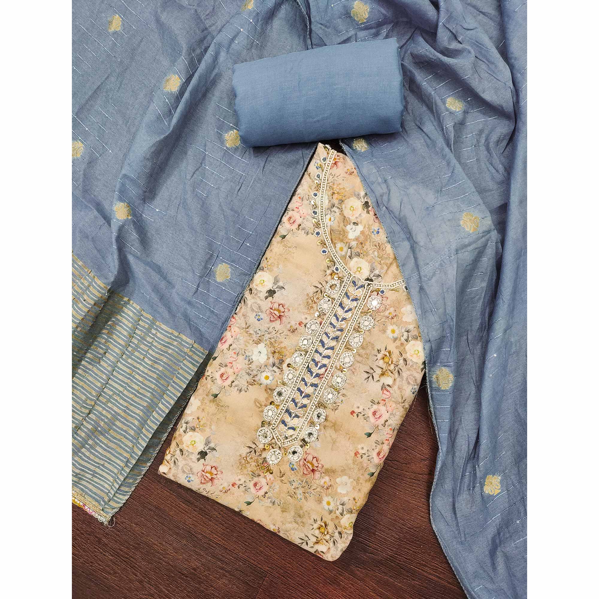 Chikoo Floral Digital Printed Cotton Blend Dress Material Embellished With Moti Hand Embroidery