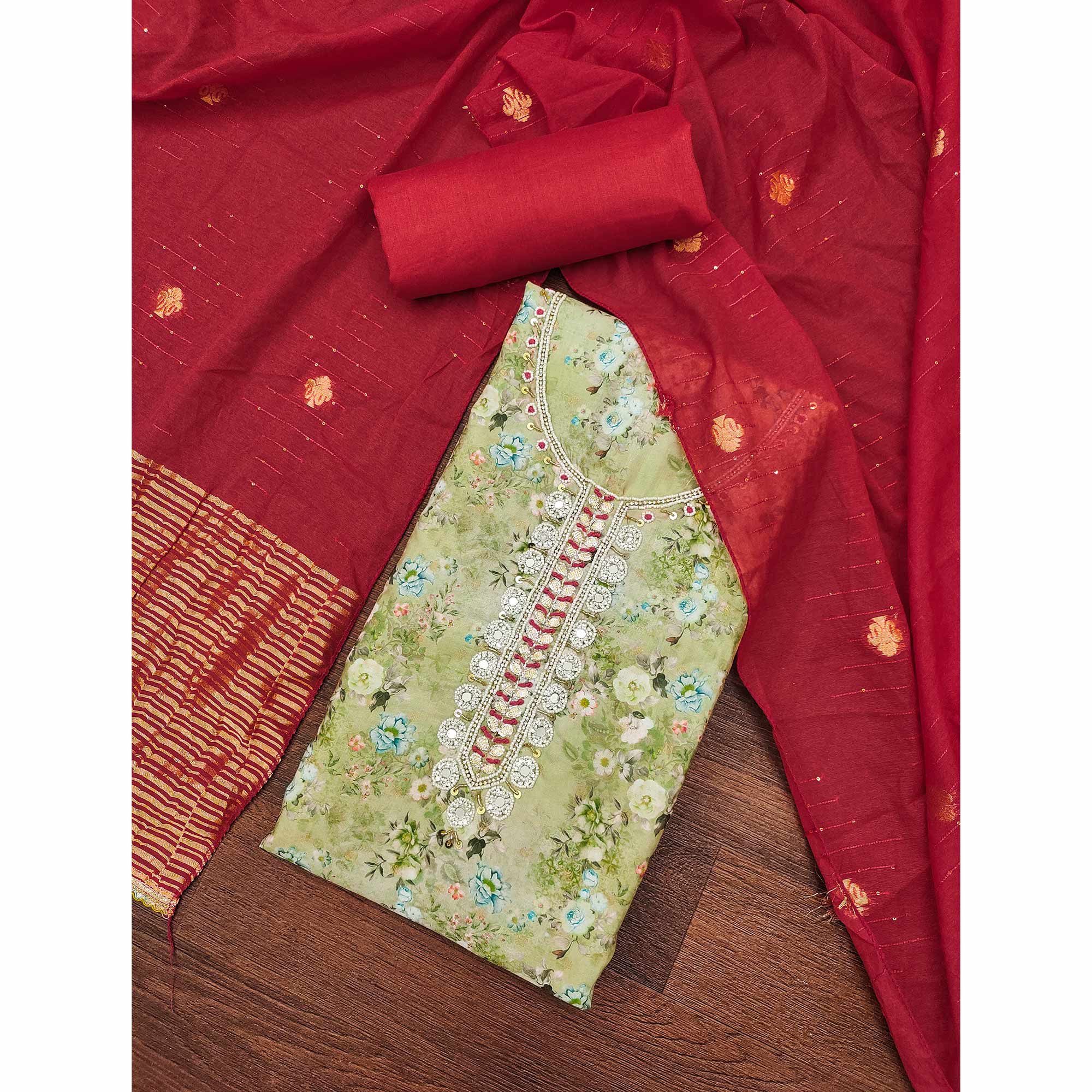 Green Floral Digital Printed Cotton Blend Dress Material Embellished With Moti Hand Embroidery