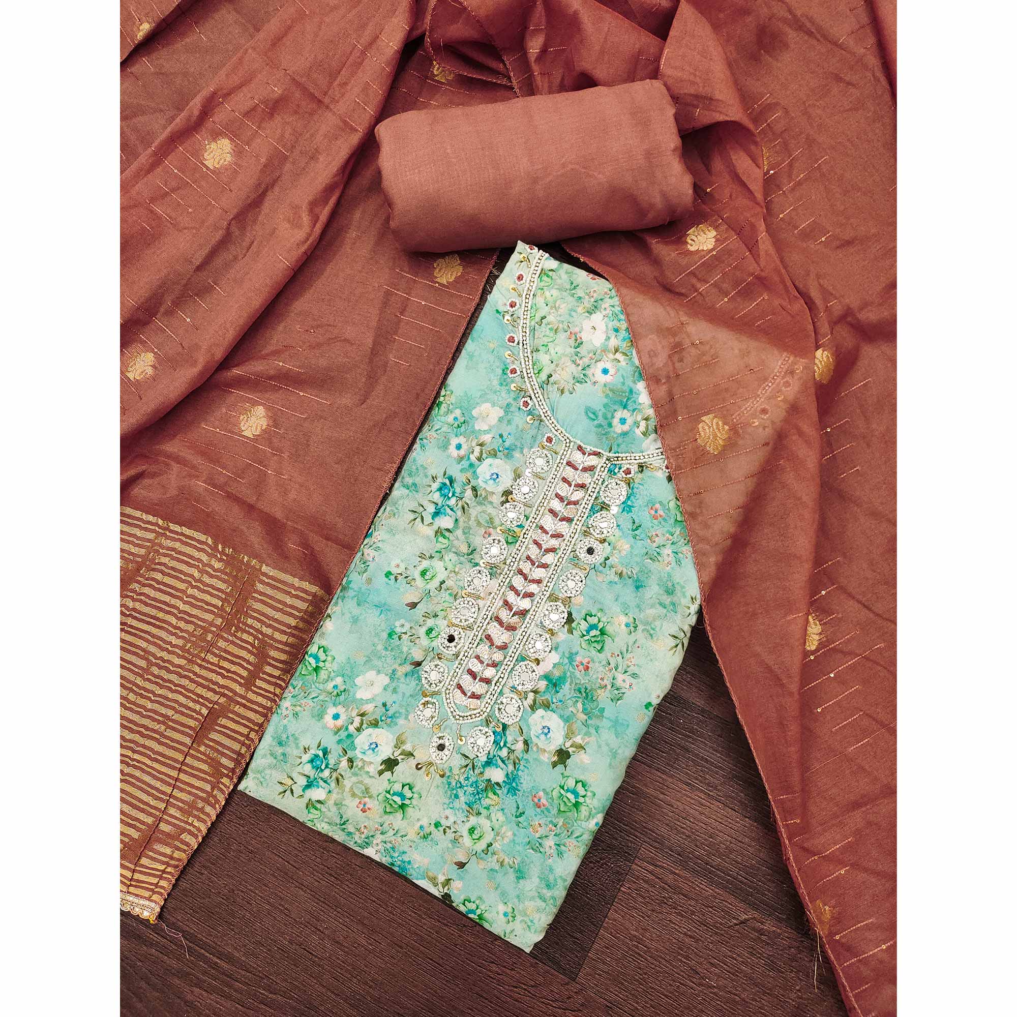 Turquoise Floral Digital Printed Cotton Blend Dress Material Embellished With Moti Hand Embroidery