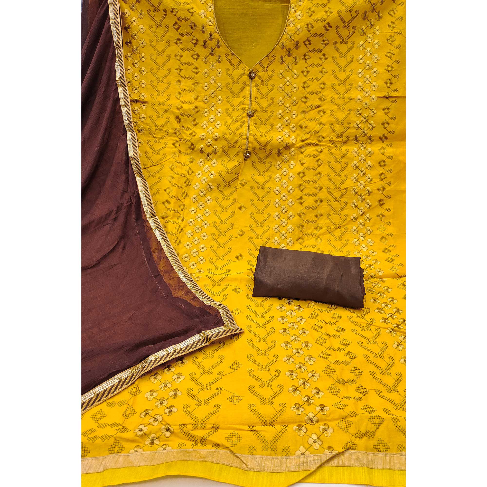 Yellow Ensemble In Chanderi Silk Dress Material Adorned With Graceful Floral Thread Embroidery