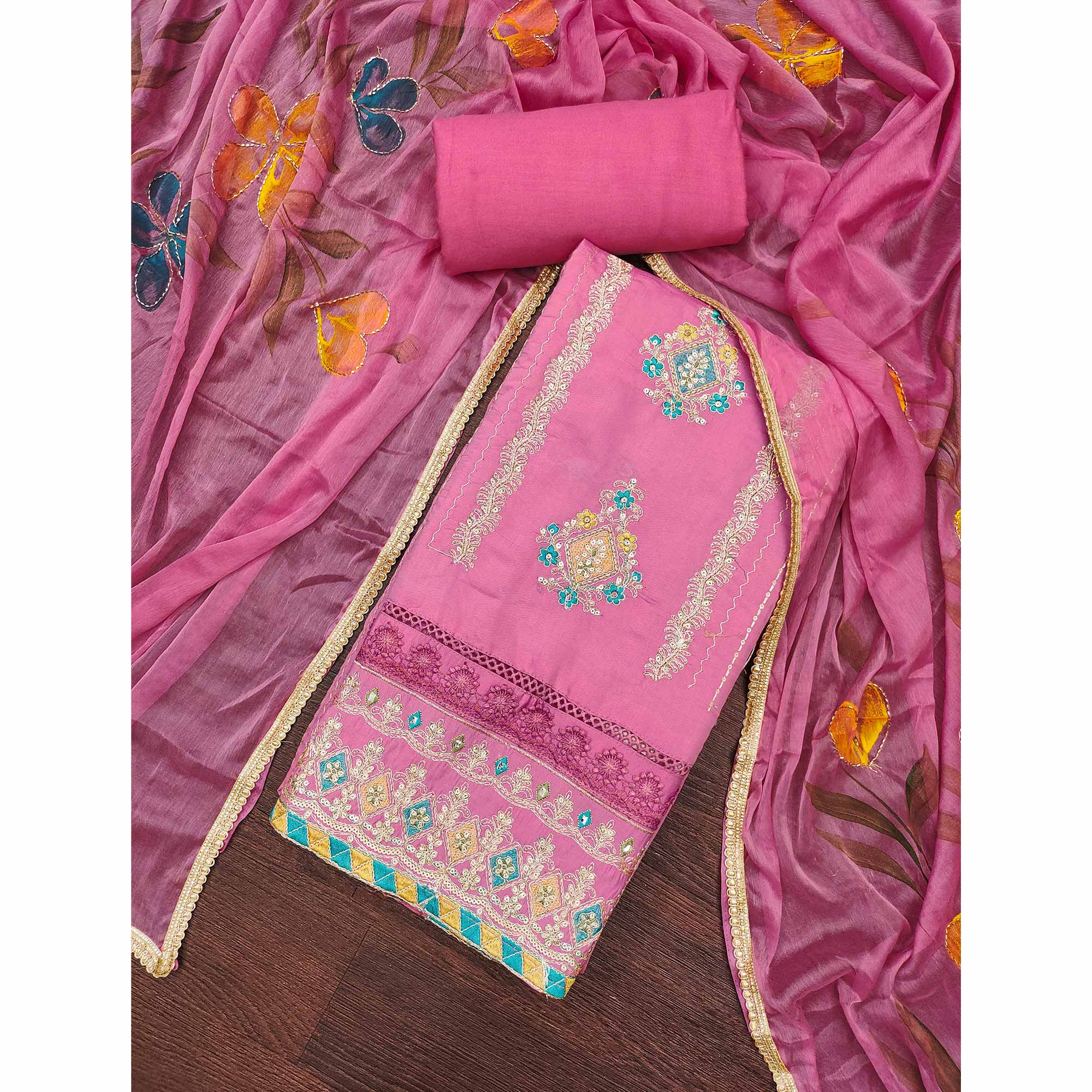 Pink Cotton Silk Dress Material Enhanced With Exquisite Floral Cording Embroidery & Sequins Work