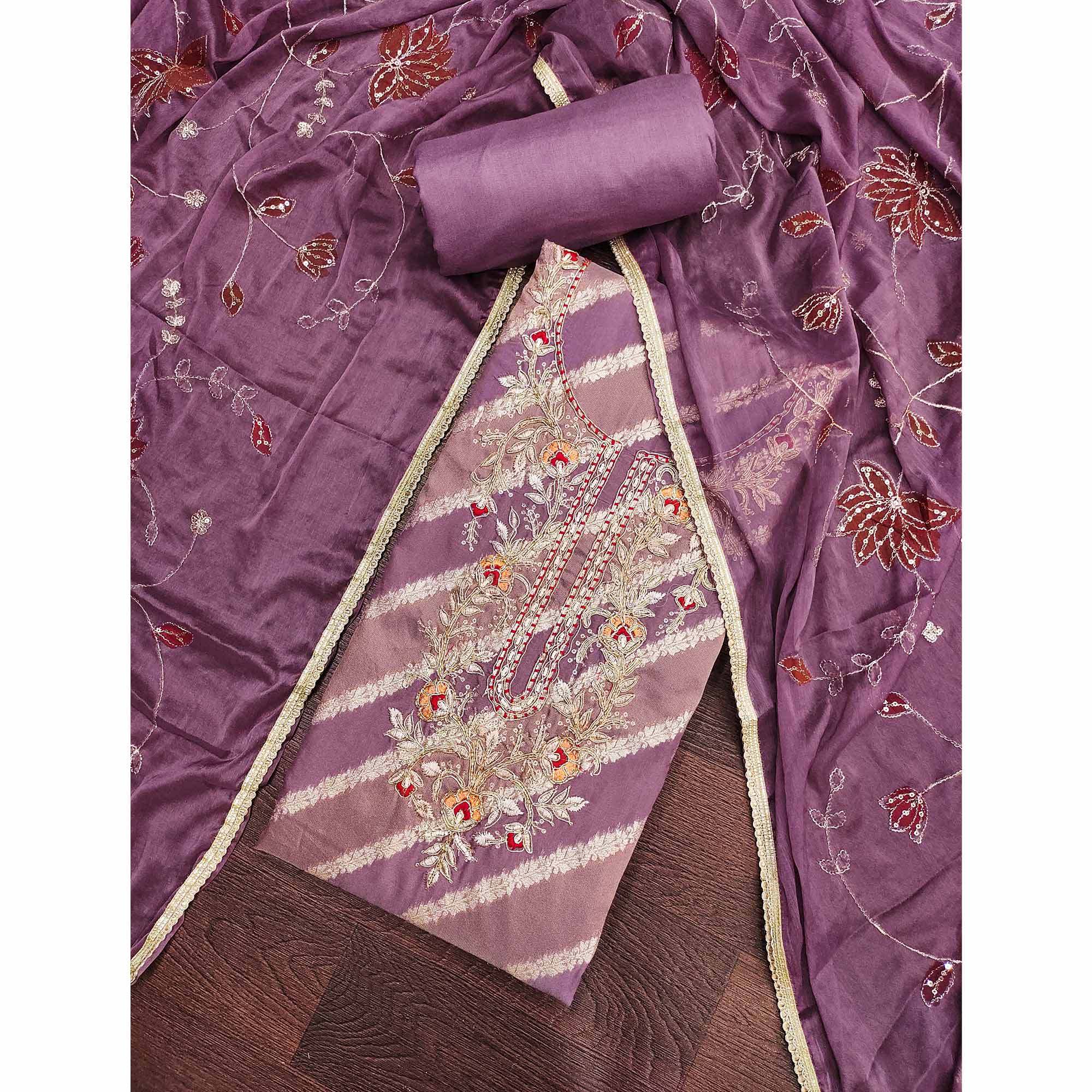 Purple Floral Zari Weaving & Sequins With Handwork Embellished Shimmer Dress Material