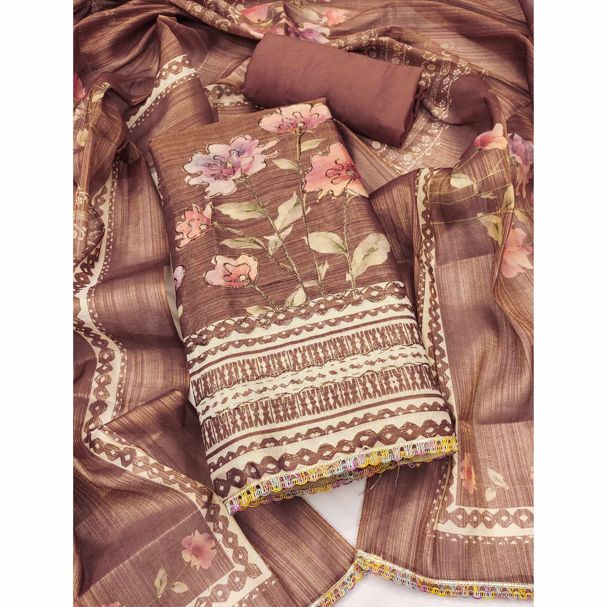 Brown Floral Digital Printed With Embroidered Cotton Silk Dress Material For Traditional Look