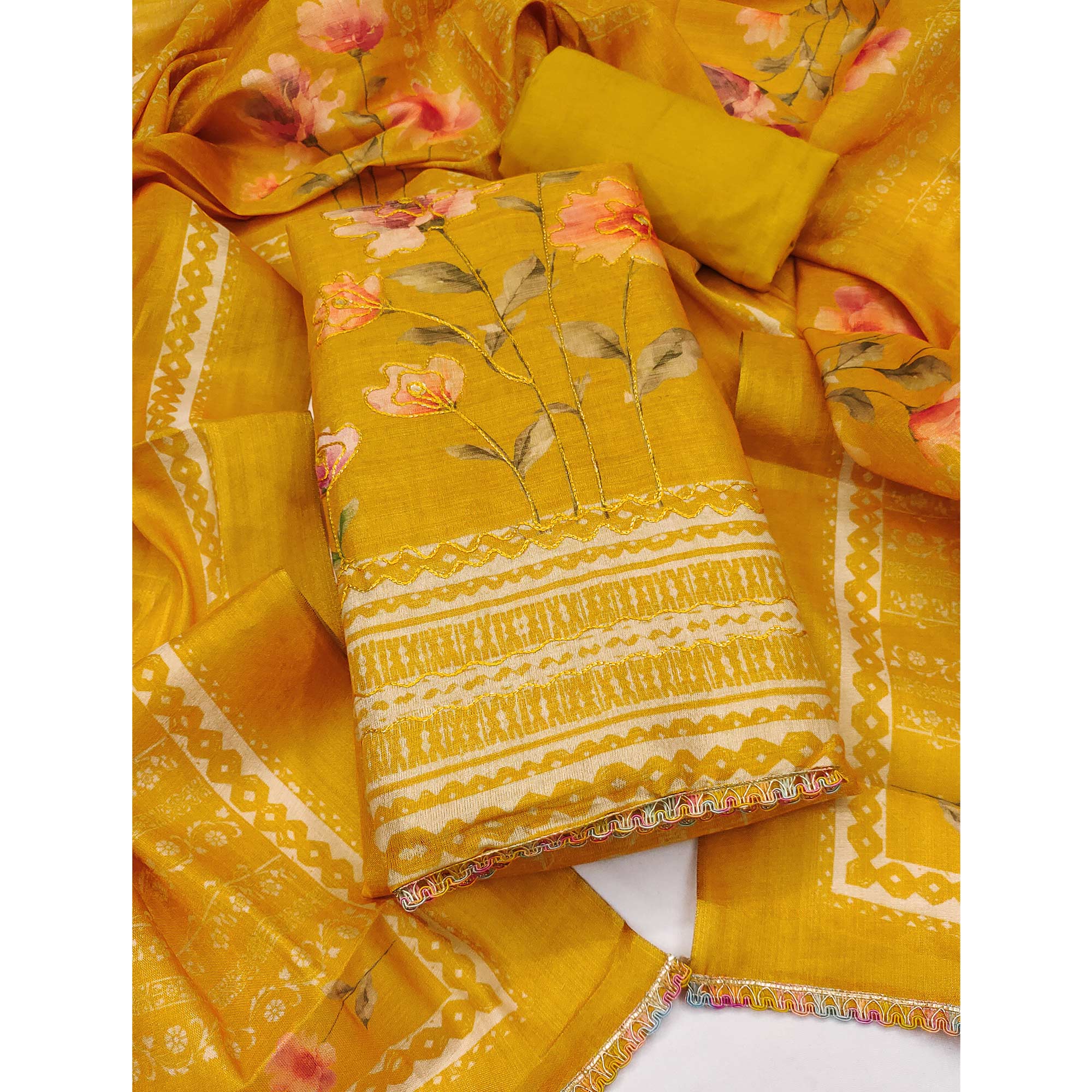 Mustard Floral Digital Printed With Embroidered Cotton Silk Dress Material For Traditional Look