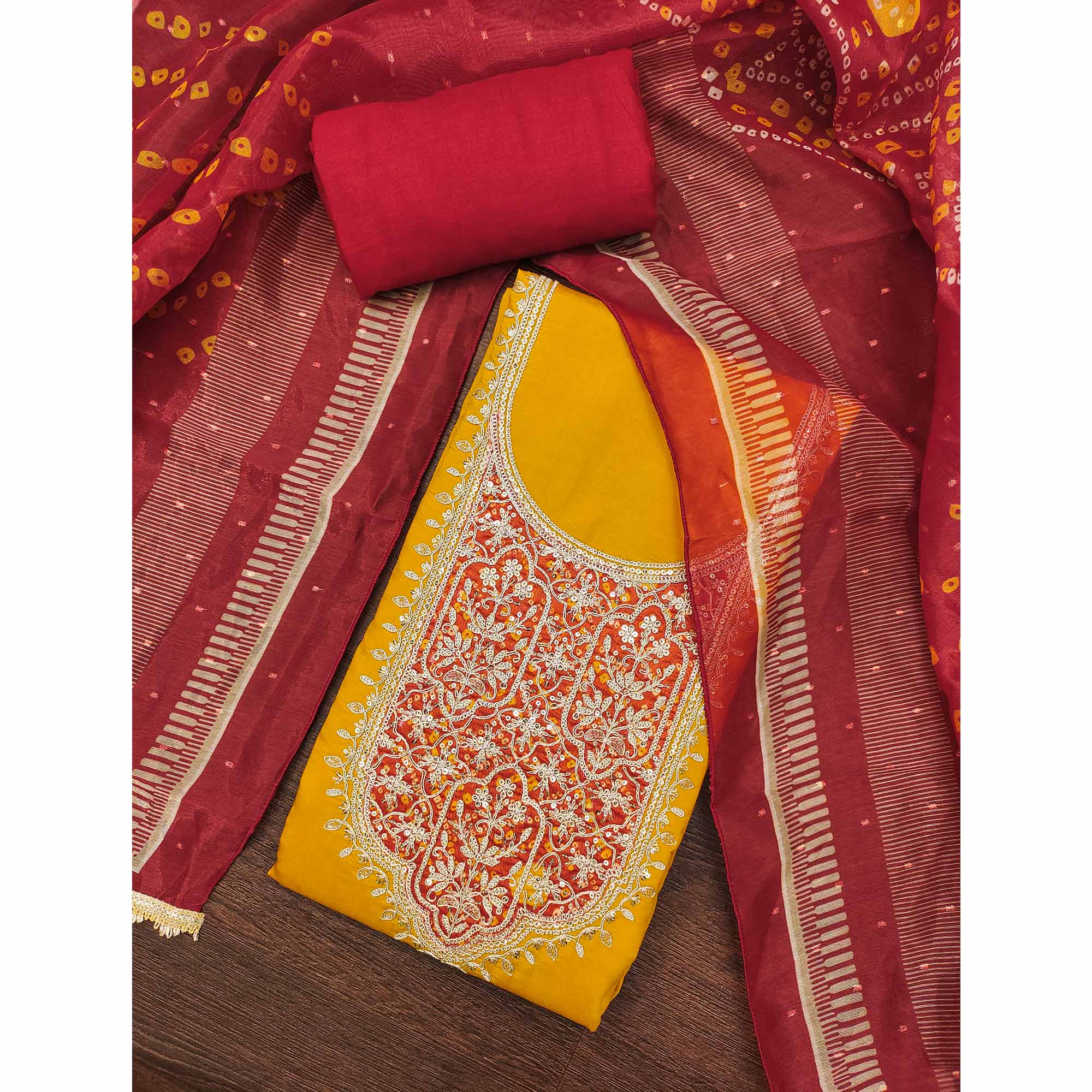 Mustard Unstitched Dress Material in Cotton Blend with Elegant Sequins & Floral Embroidery