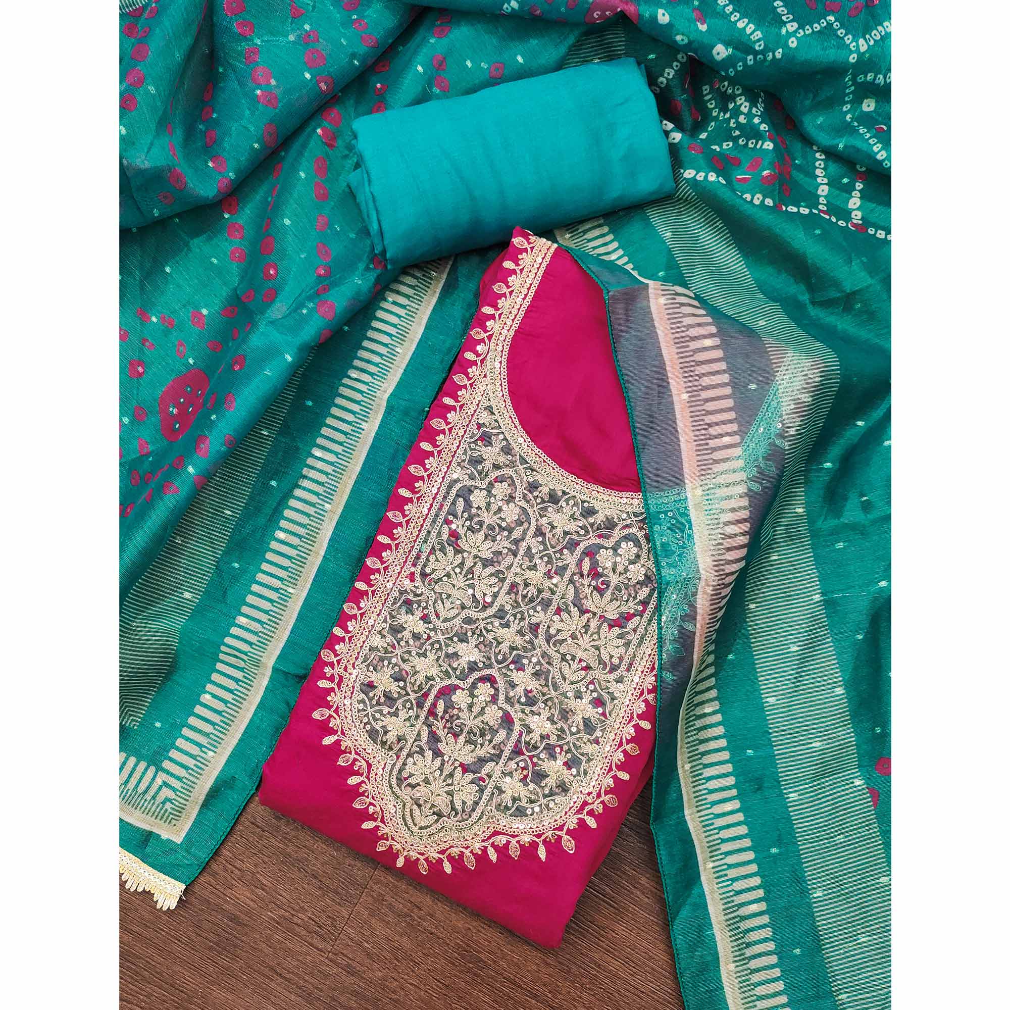 Pink Unstitched Dress Material in Cotton Blend with Elegant Sequins & Floral Embroidery