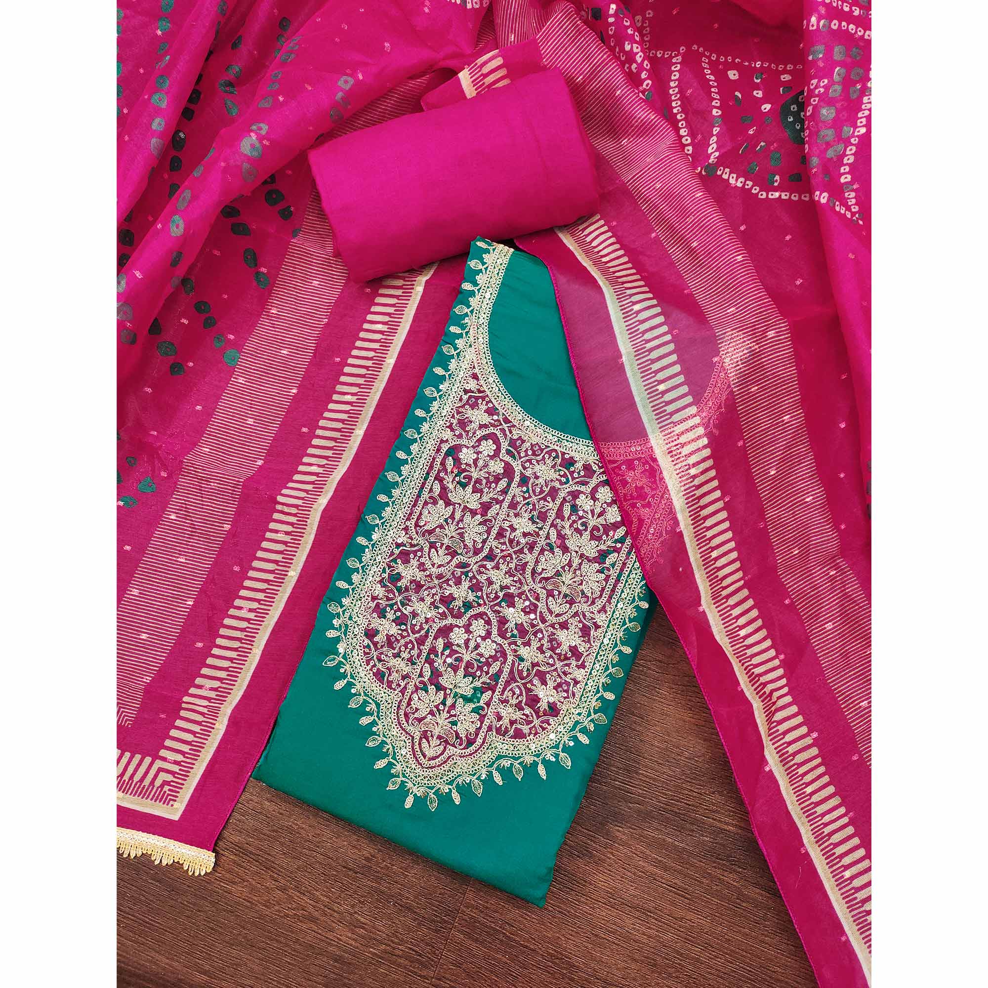 Rama Green Unstitched Dress Material in Cotton Blend with Elegant Sequins & Floral Embroidery