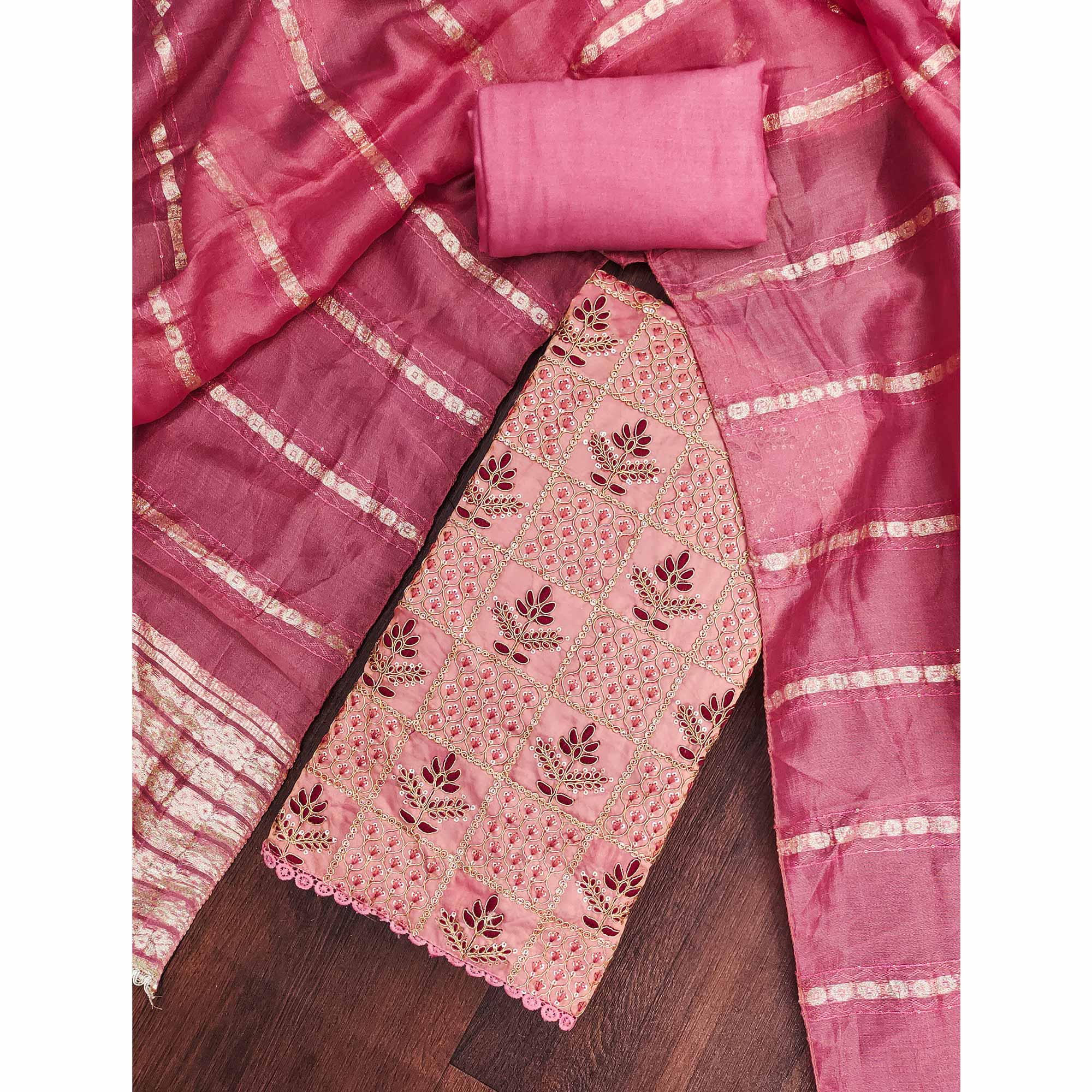 Pink Floral Thread Embroidered Viscose Dress Material With Sequins For Sophisticated Ethnic Style