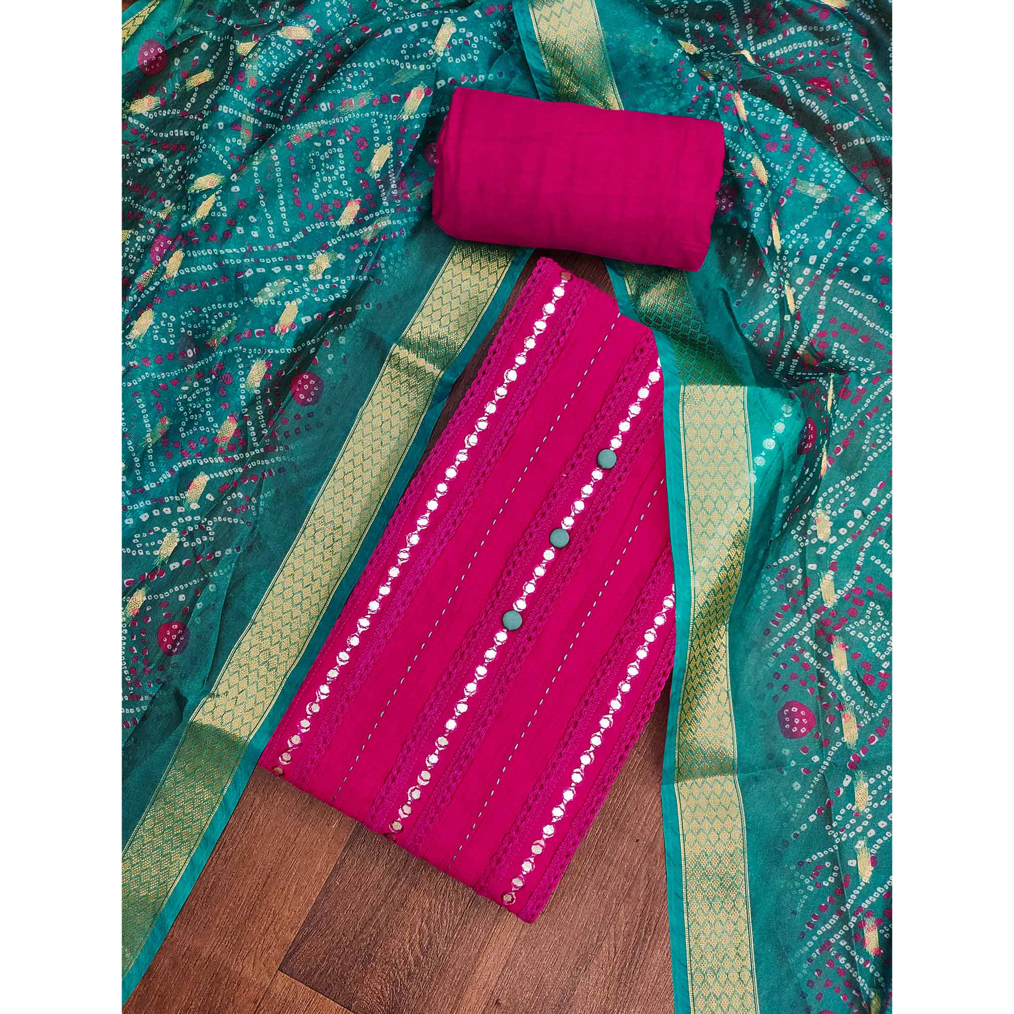 Pink Cotton Silk Dress Material Enhanced With Intricate Thread Embroidery & Gota Patti Work