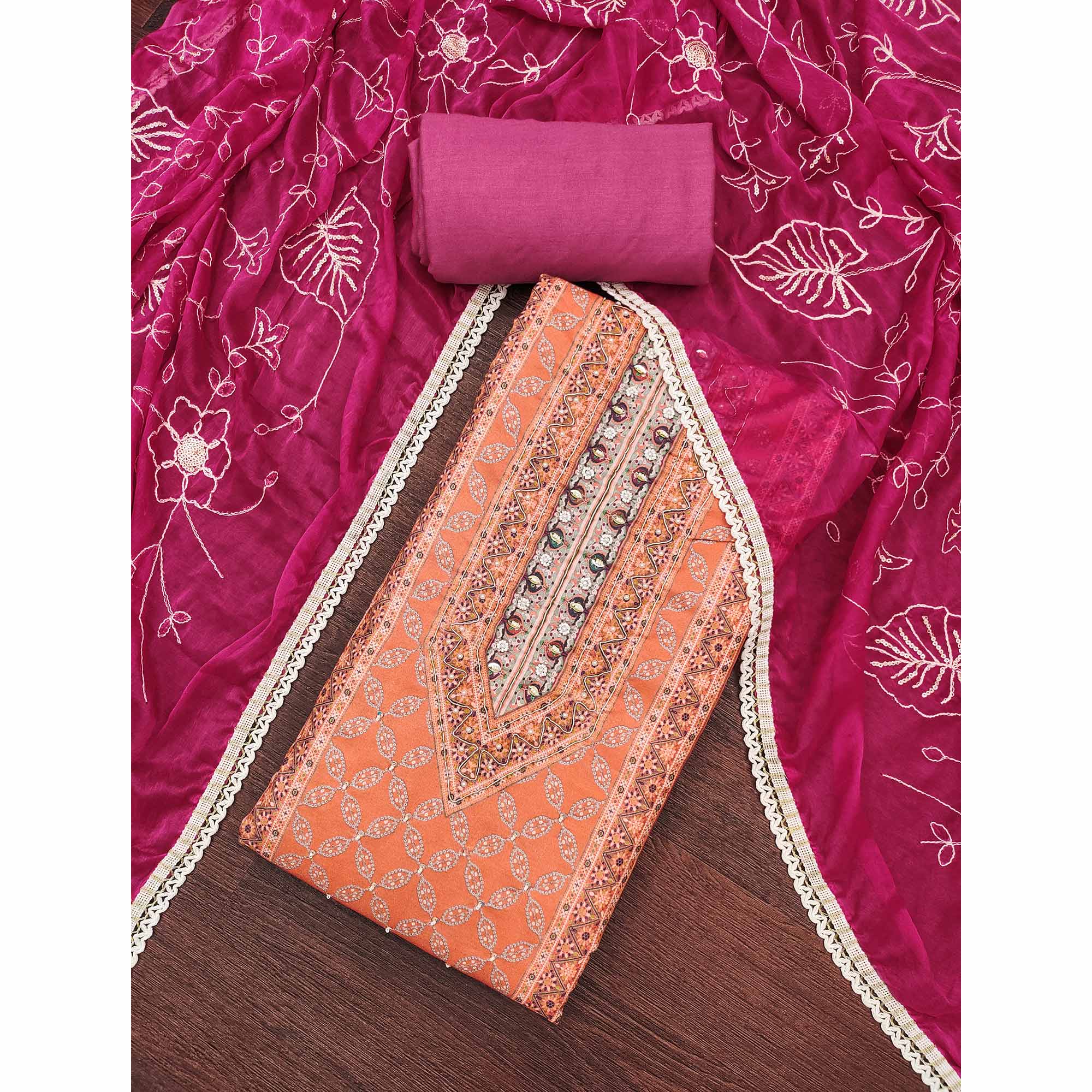 Magenta & Orange Pure Cotton Dress Material With Digital Prints & Elegant Moti Handwork Accents
