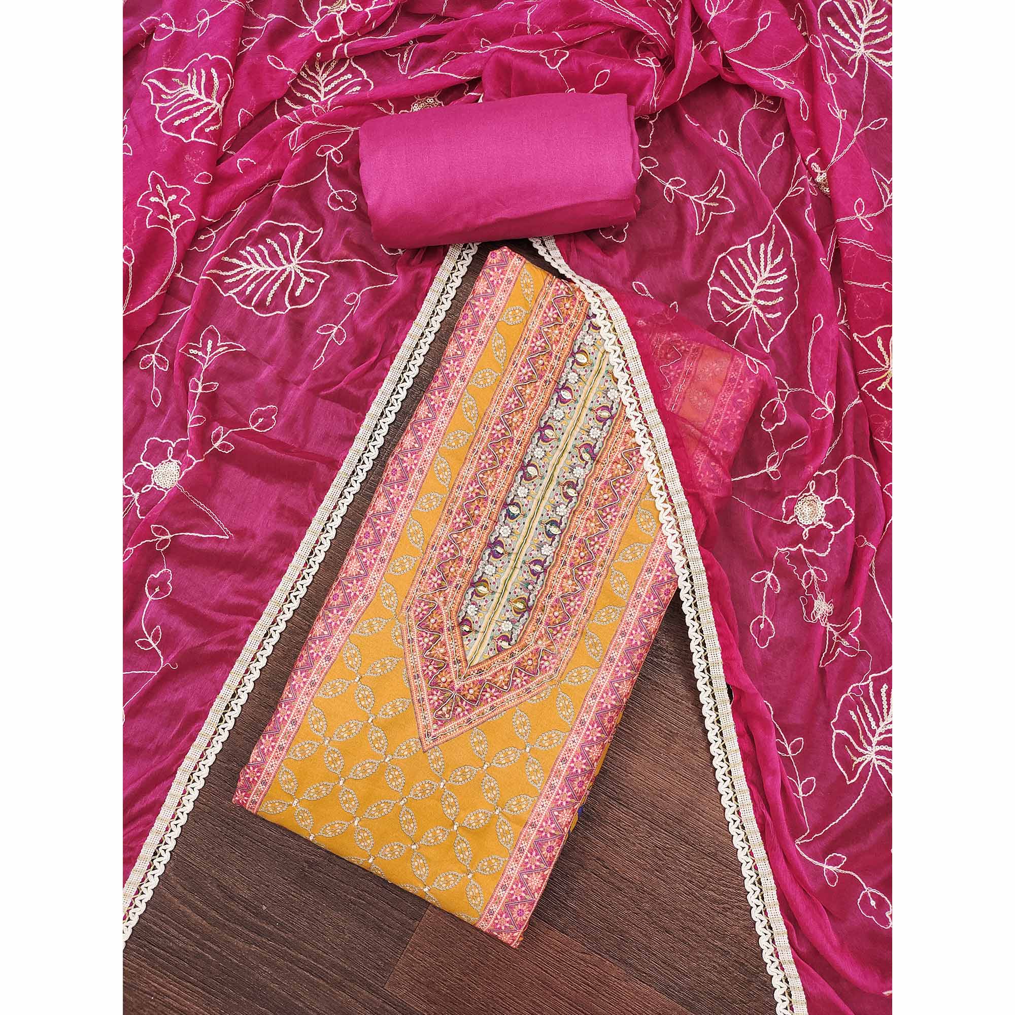 Pink & Yellow Pure Cotton Dress Material With Digital Prints & Elegant Moti Handwork Accents