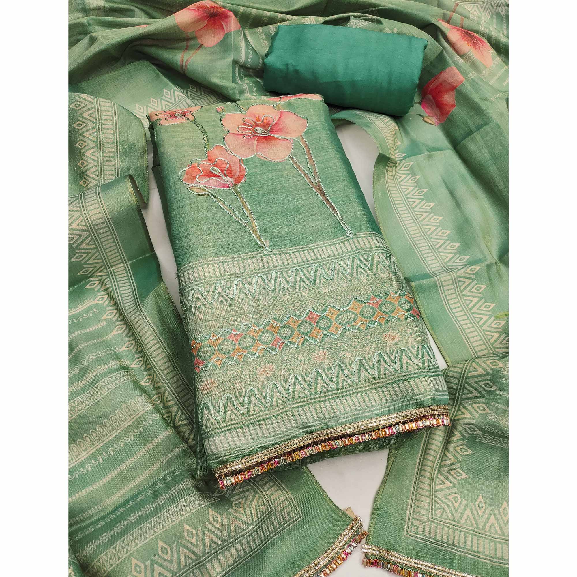 Green Cotton Silk Dress Material Enhanced With Blooming Floral Digital Prints & Elegant Embroidery