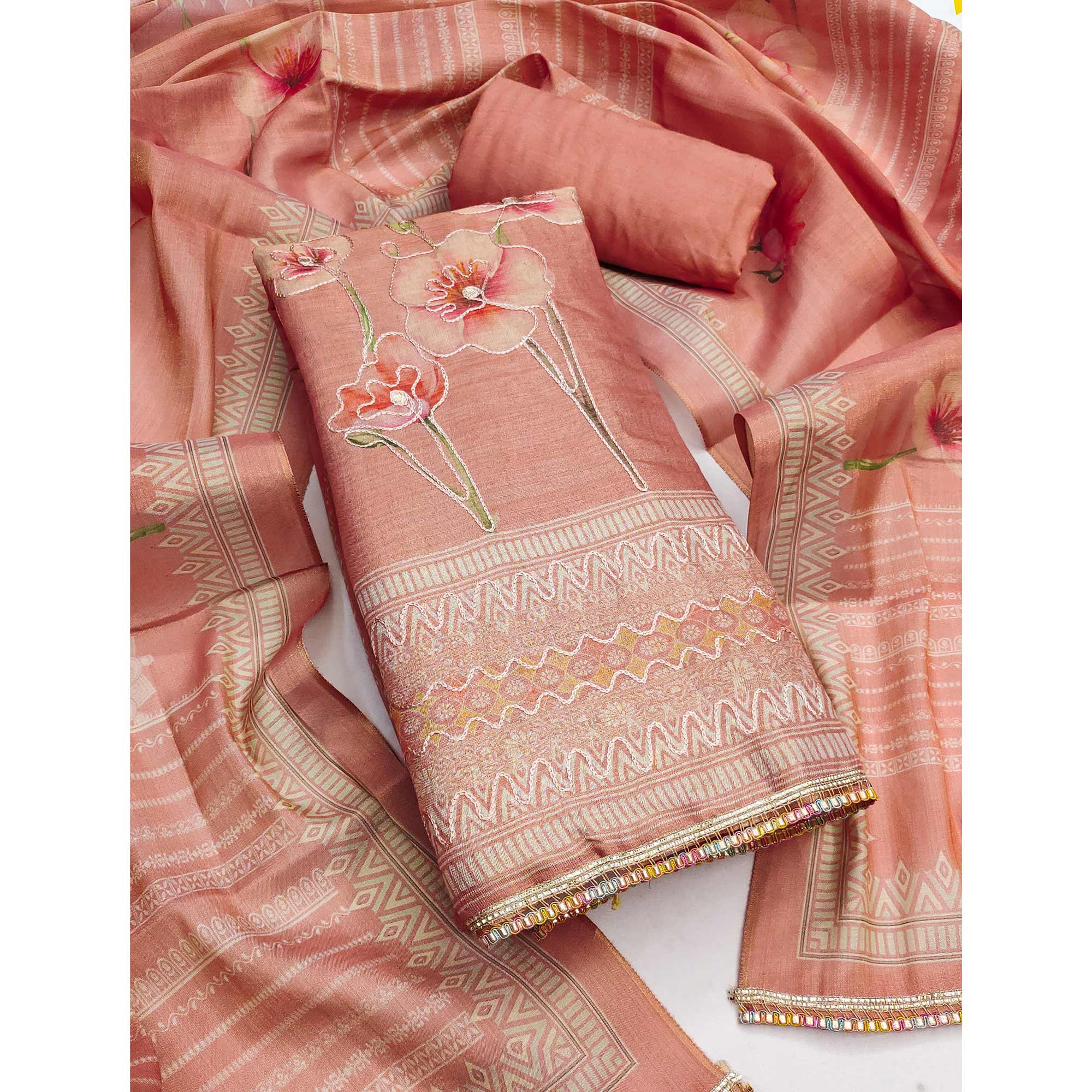 Peach Cotton Silk Dress Material Enhanced With Blooming Floral Digital Prints & Elegant Embroidery