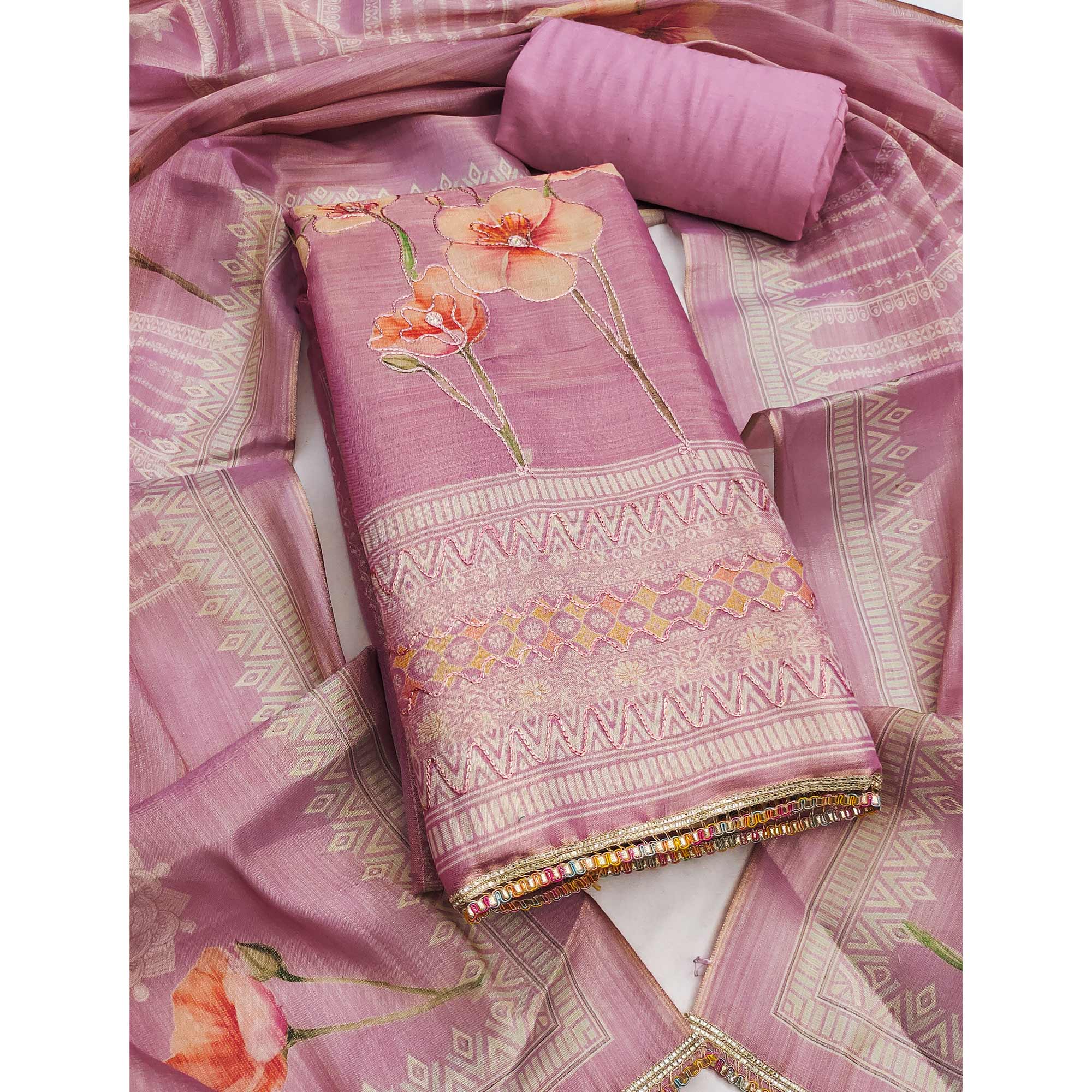 Pink Cotton Silk Dress Material Enhanced With Blooming Floral Digital Prints & Elegant Embroidery