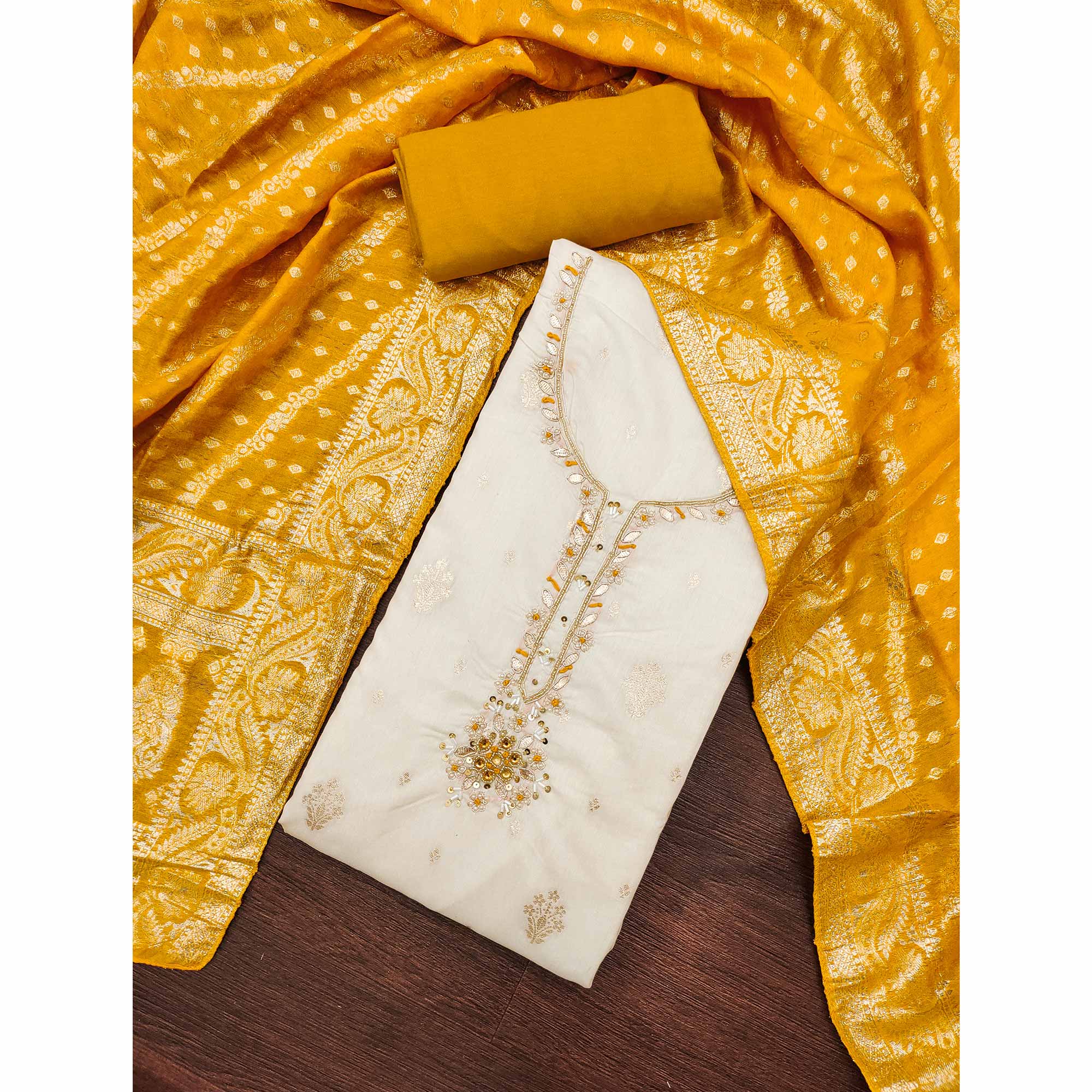 Off White & Mustard Beads Work Cotton Silk Dress Material in Weaving Style