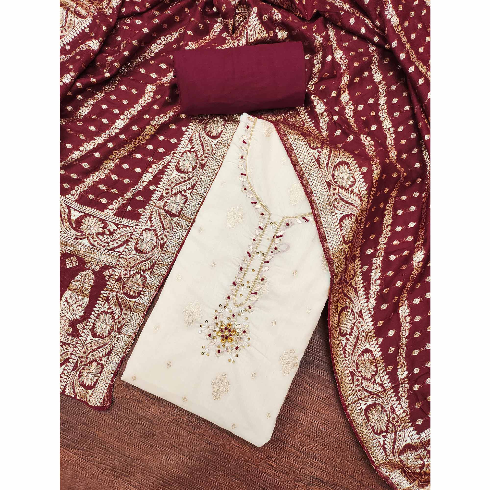 Off White & Maroon Beads Work Cotton Silk Dress Material in Weaving Style