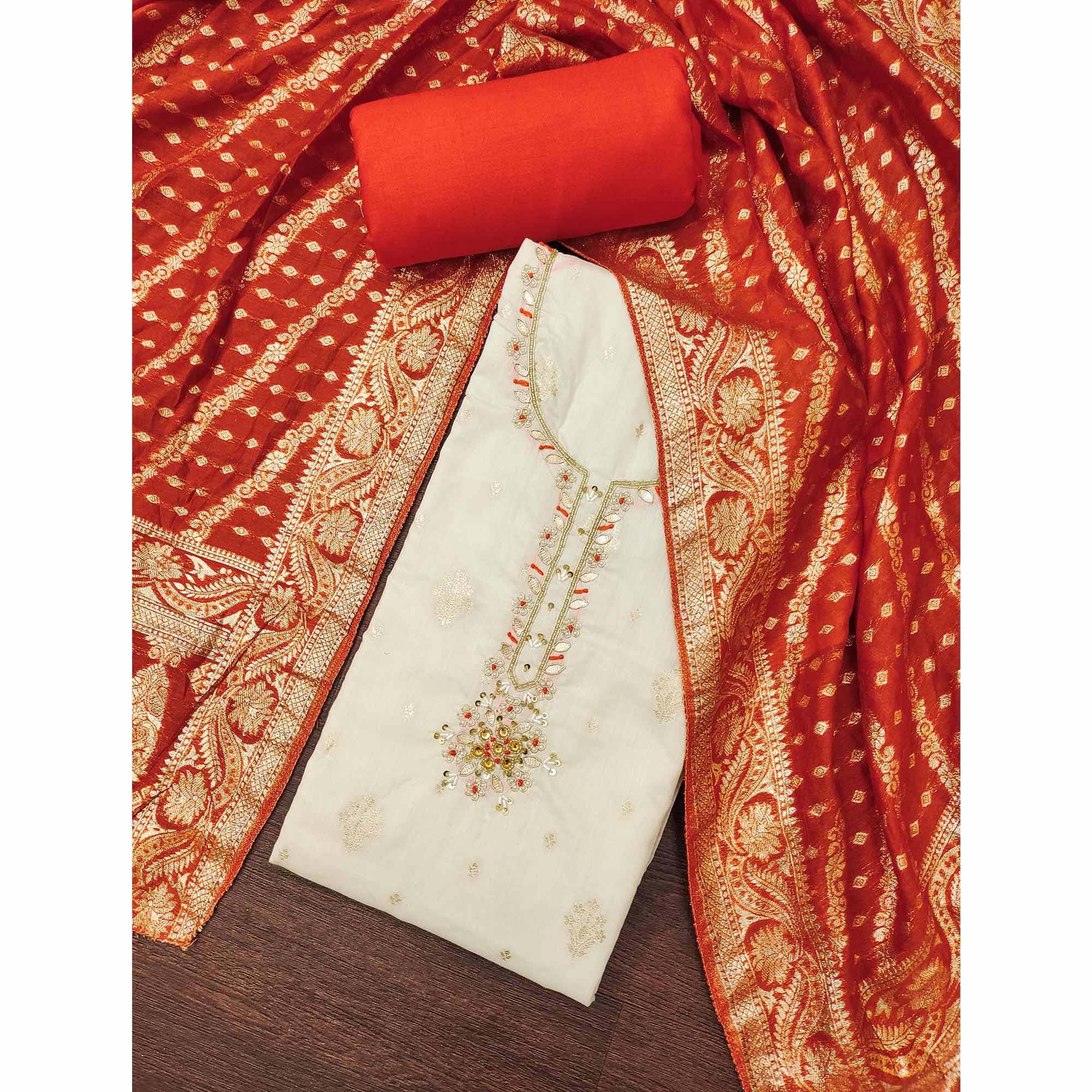 Off White & Orange Beads Work Cotton Silk Dress Material in Weaving Style