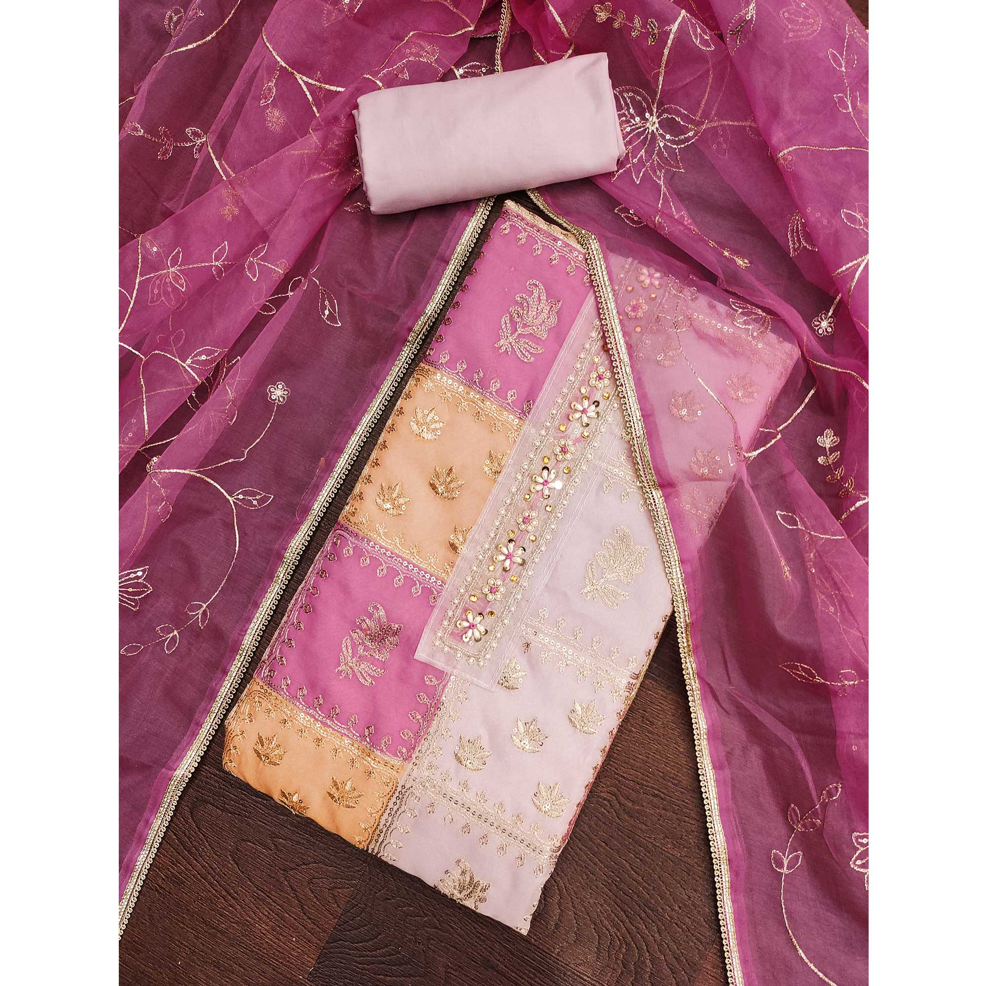 Pink Organza Dress Material With Floral Sequins Embroidery & Delicate Moti Handwork