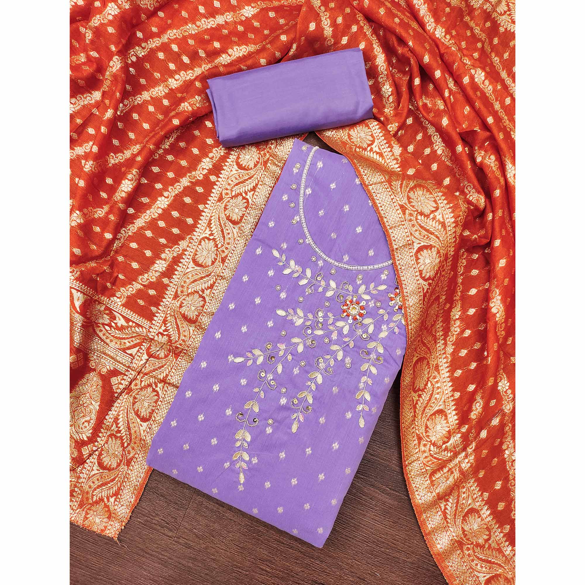 Lavender Unstitched Cotton Silk Dress Fabric with Gota Patti Embroidery and Woven Finish