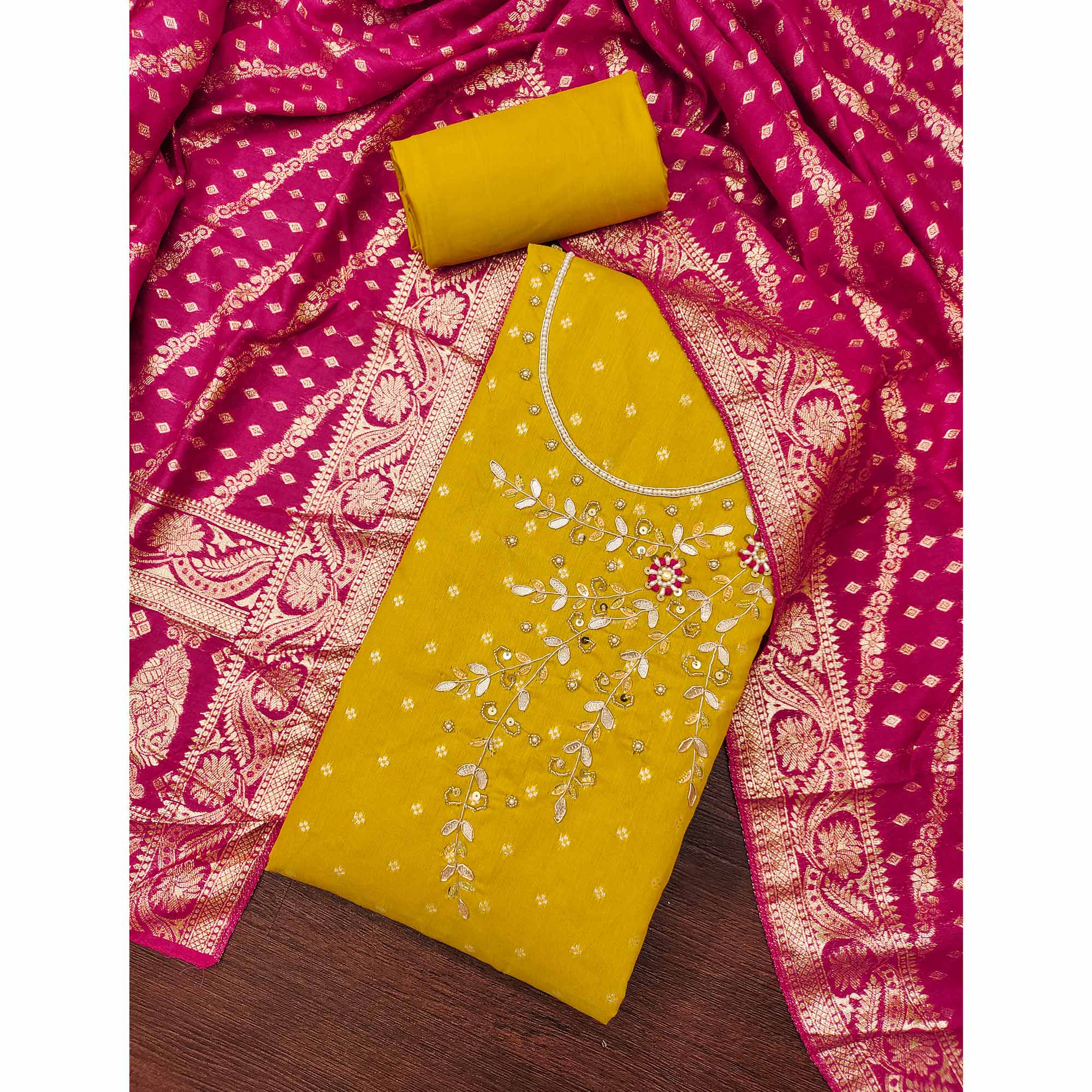Mustard Unstitched Cotton Silk Dress Fabric with Gota Patti Embroidery and Woven Finish