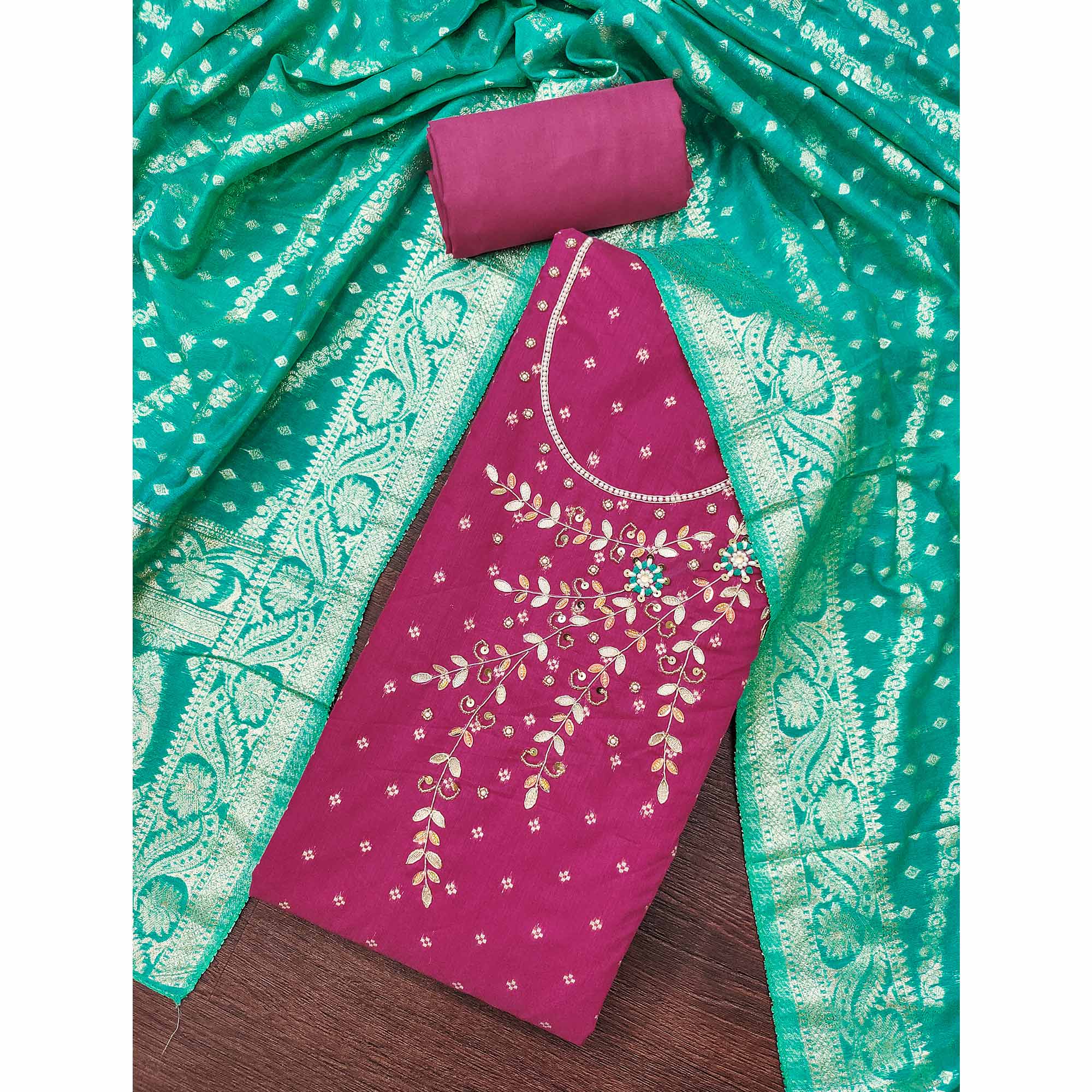 Pink Unstitched Cotton Silk Dress Fabric with Gota Patti Embroidery and Woven Finish