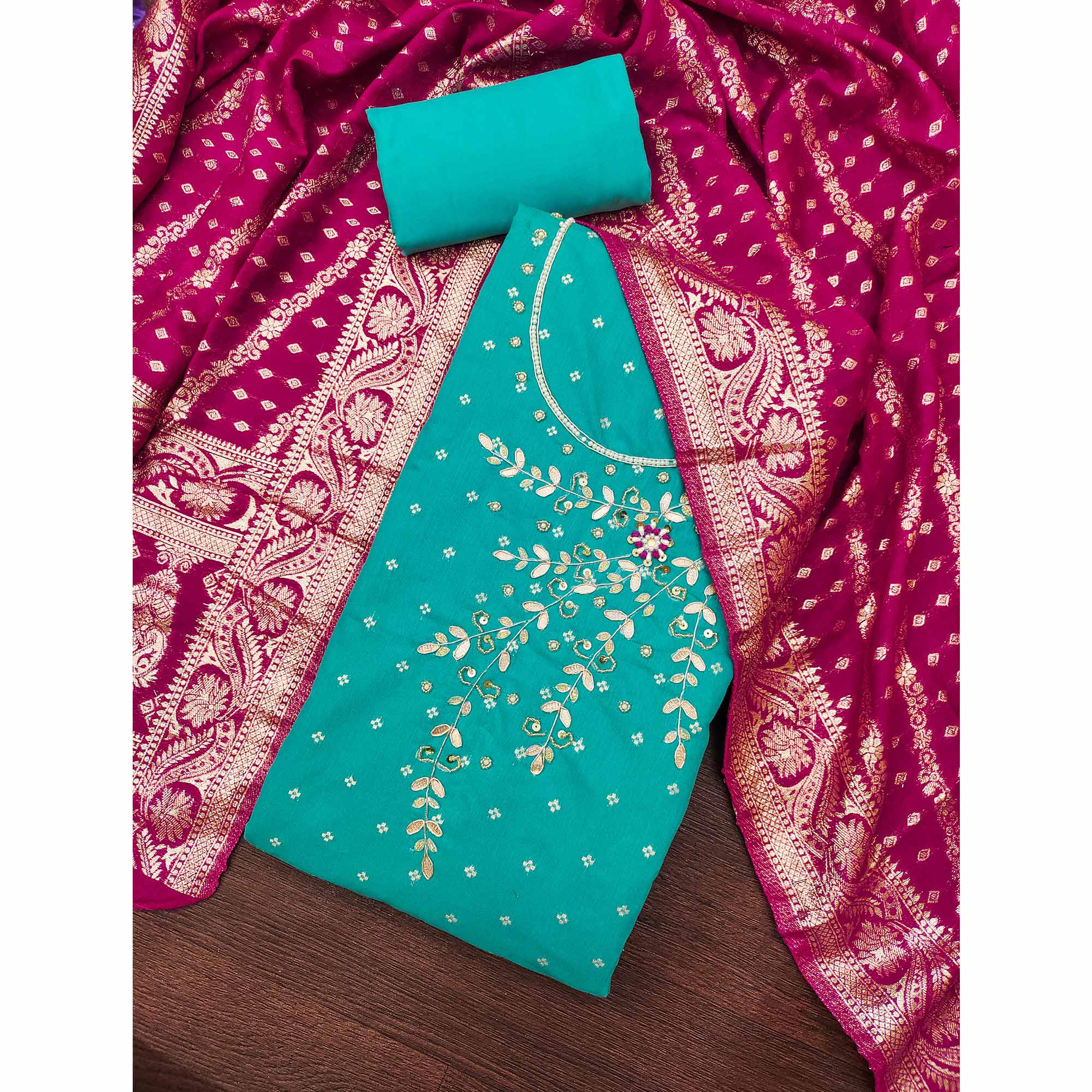 Turquoise Unstitched Cotton Silk Dress Fabric with Gota Patti Embroidery and Woven Finish