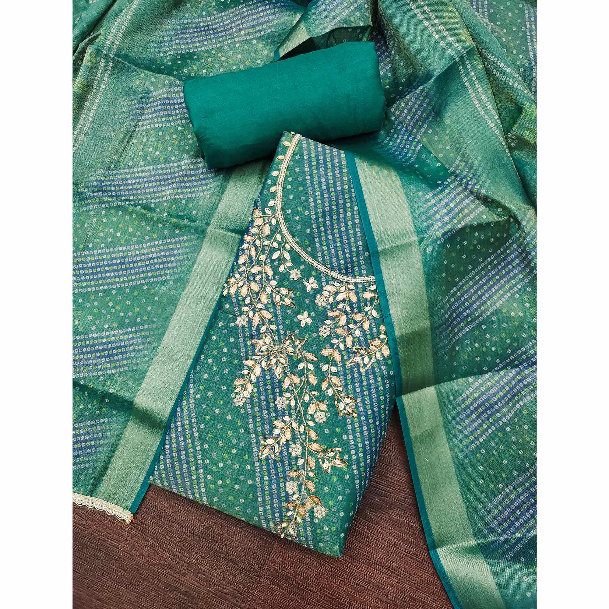 Bandhani Printed Green Cotton Silk Dress Material with Hand Embellishment