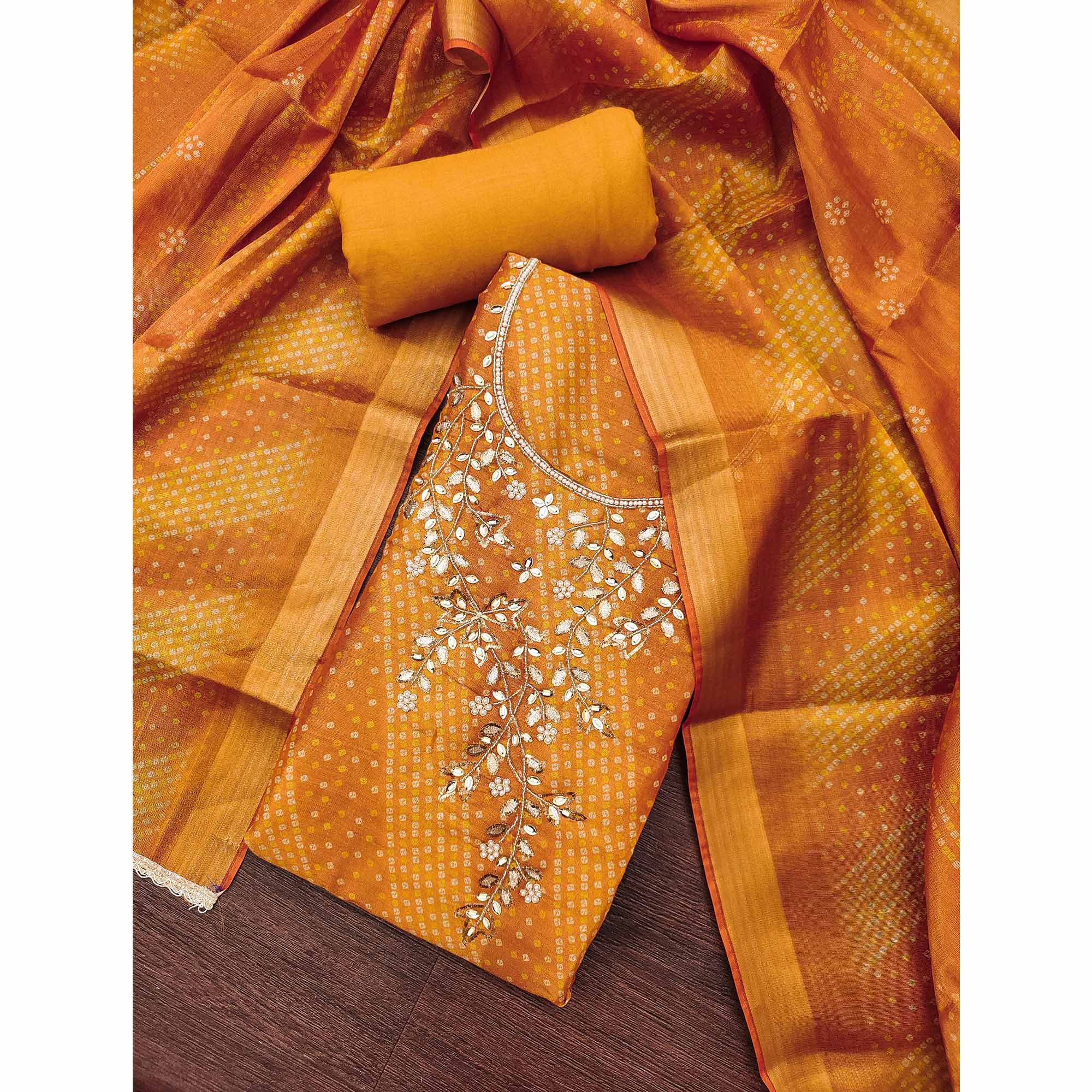 Bandhani Printed Mustard Cotton Silk Dress Material with Hand Embellishment