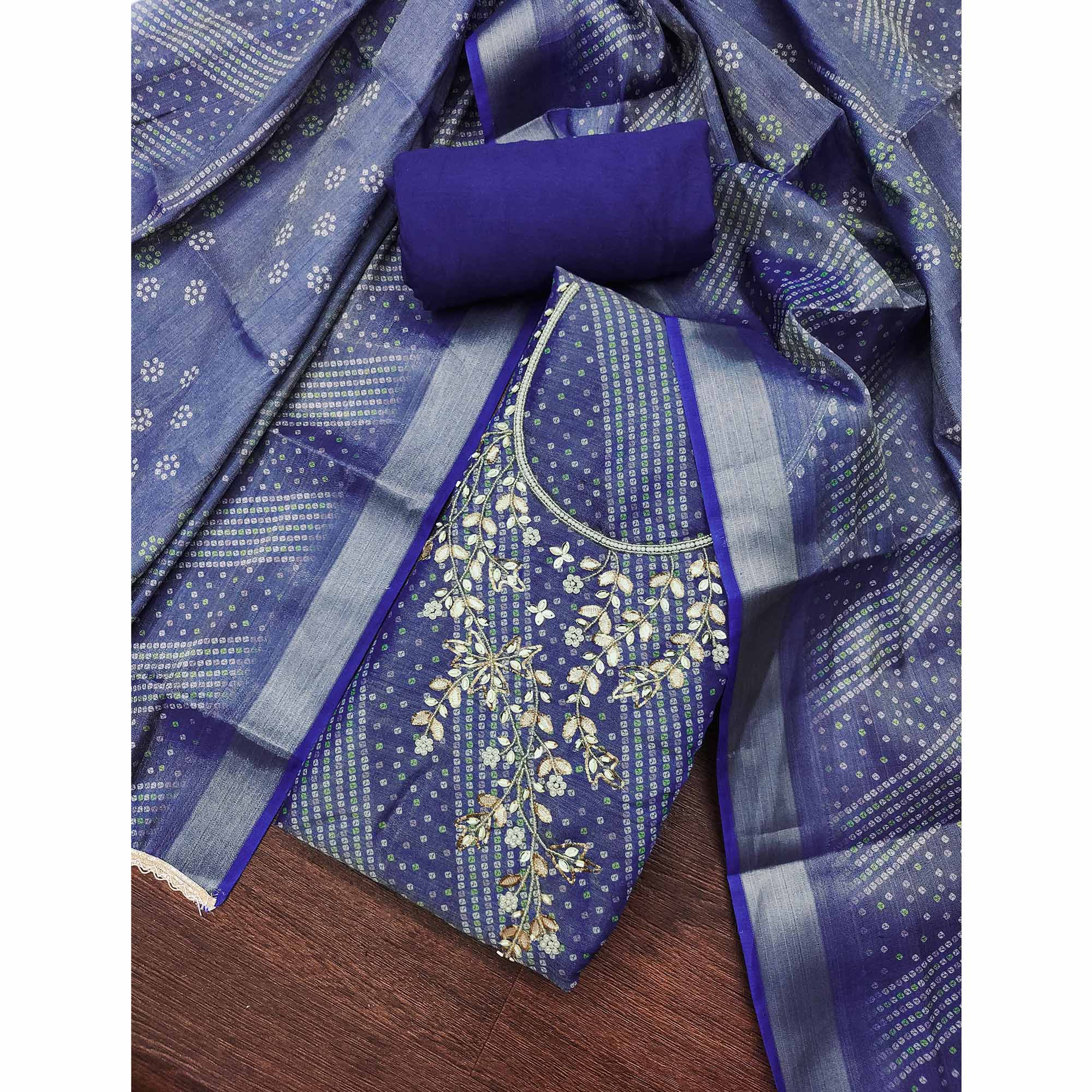 Bandhani Printed Navy Blue Cotton Silk Dress Material with Hand Embellishment