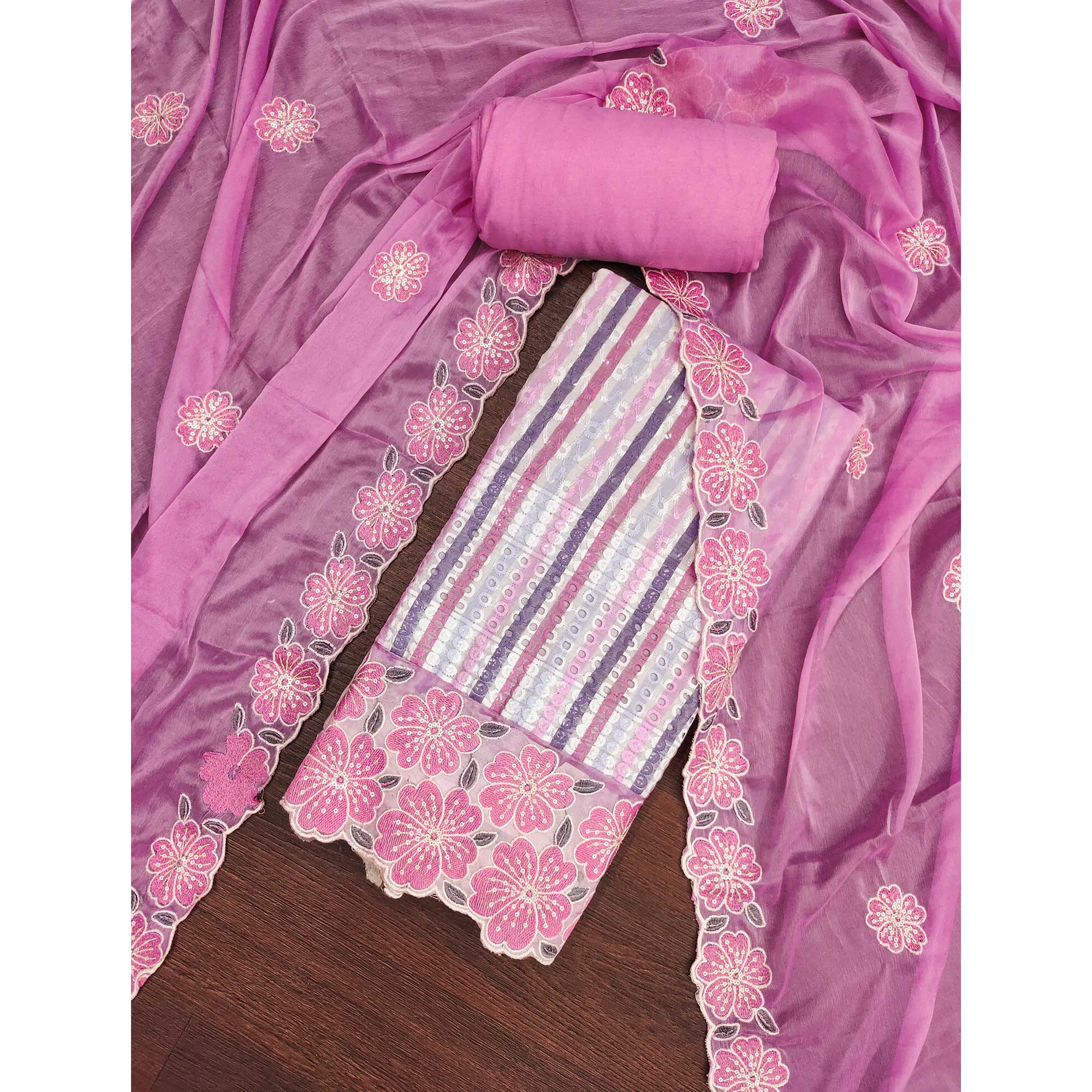 Soft and Comfortable Pink Pure Cambric Cotton Dress Fabric with Fine Floral Embroidery