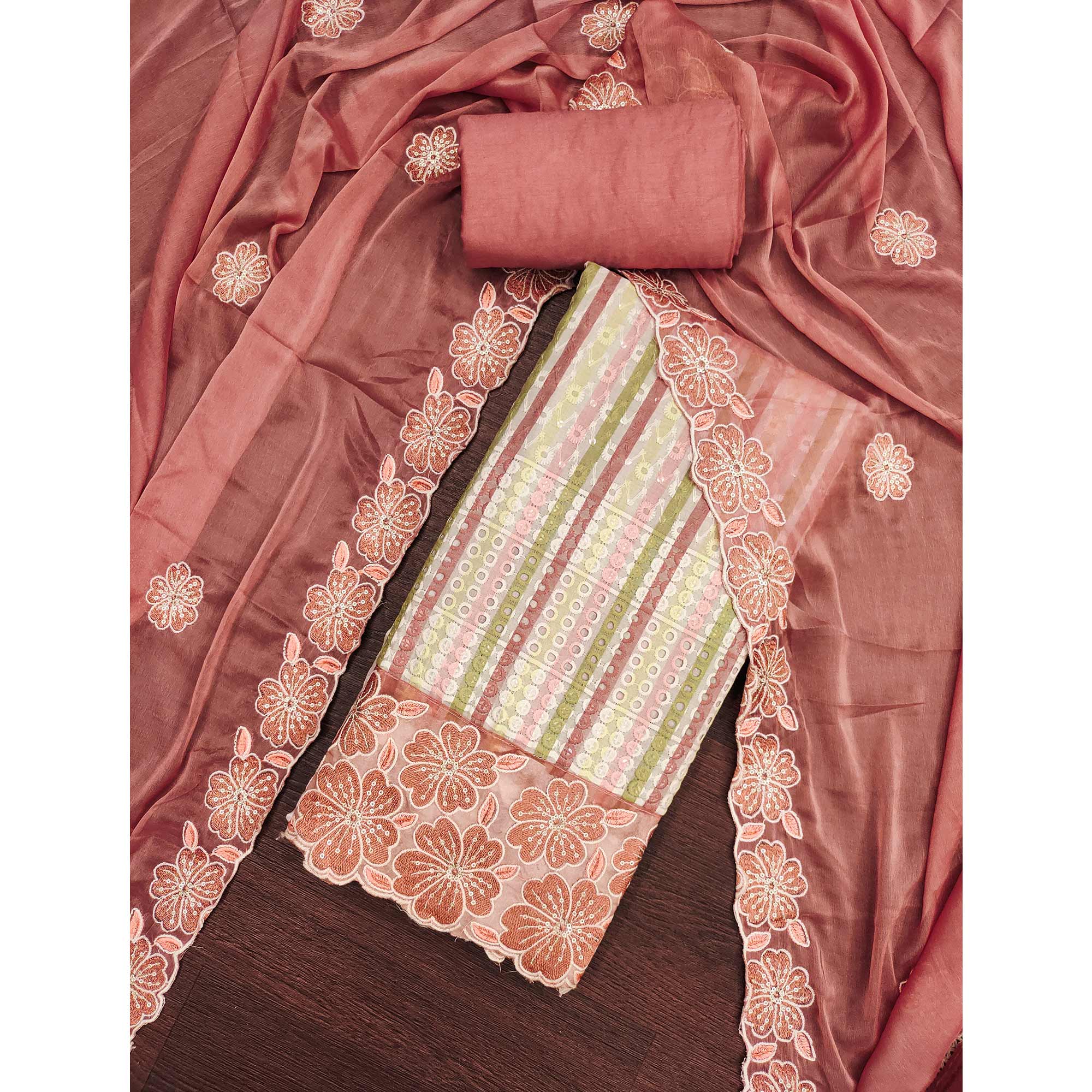 Soft and Comfortable Dusty Rose Pink Pure Cambric Cotton Dress Fabric with Fine Floral Embroidery