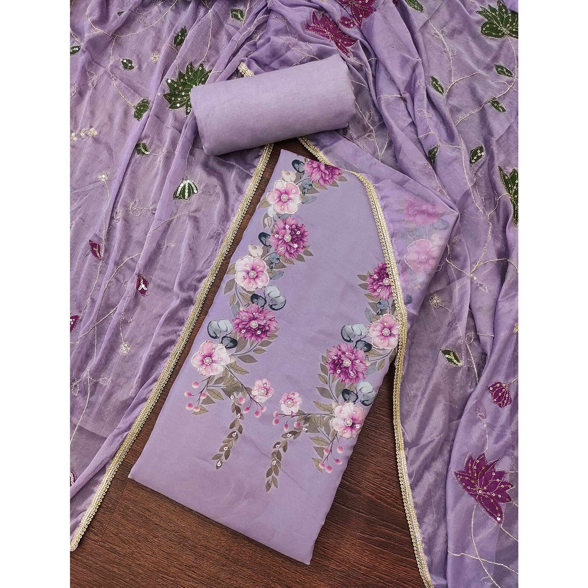 Lavender Rayon Fabric with Floral Print Dress Material