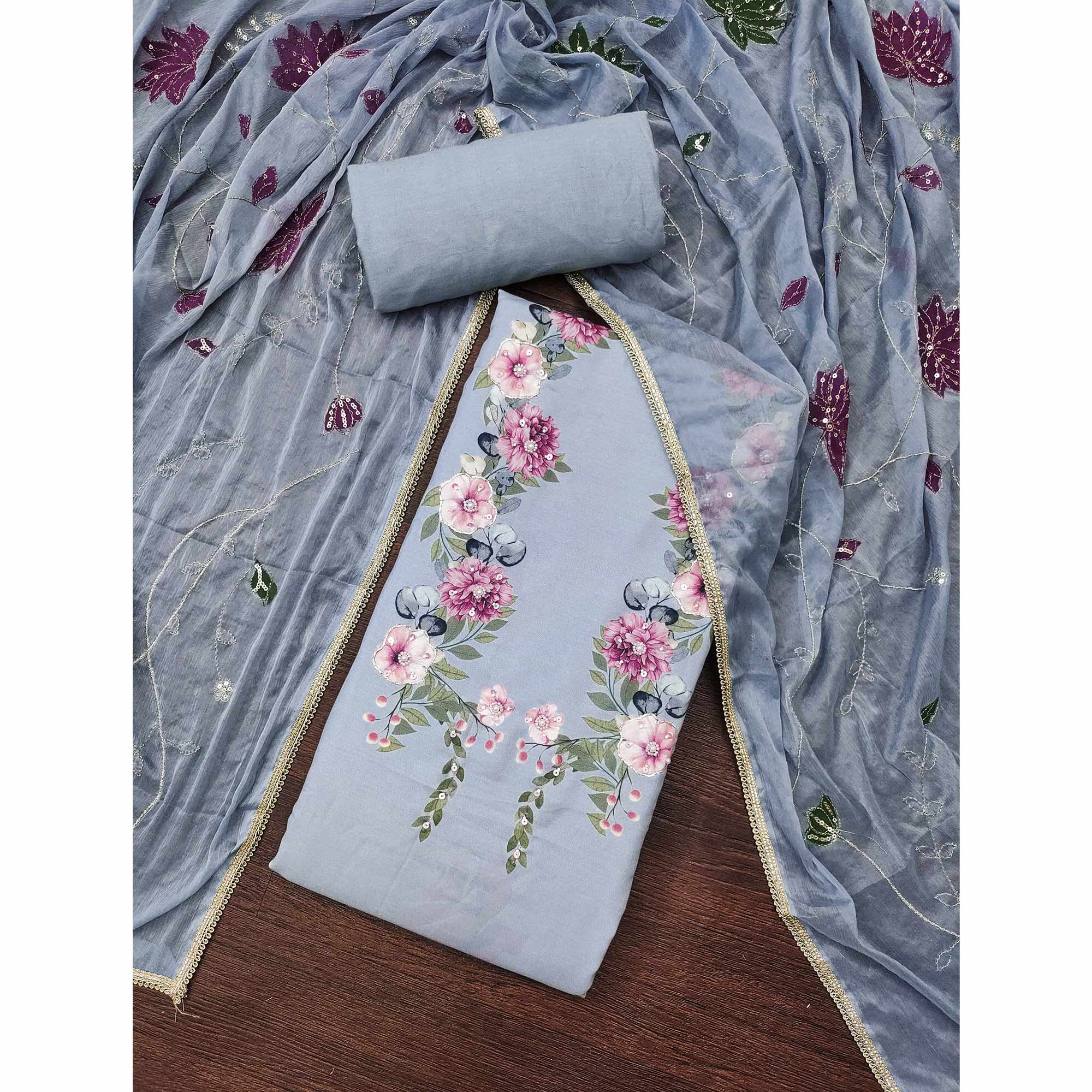 Powder Blue Rayon Fabric with Floral Print Dress Material