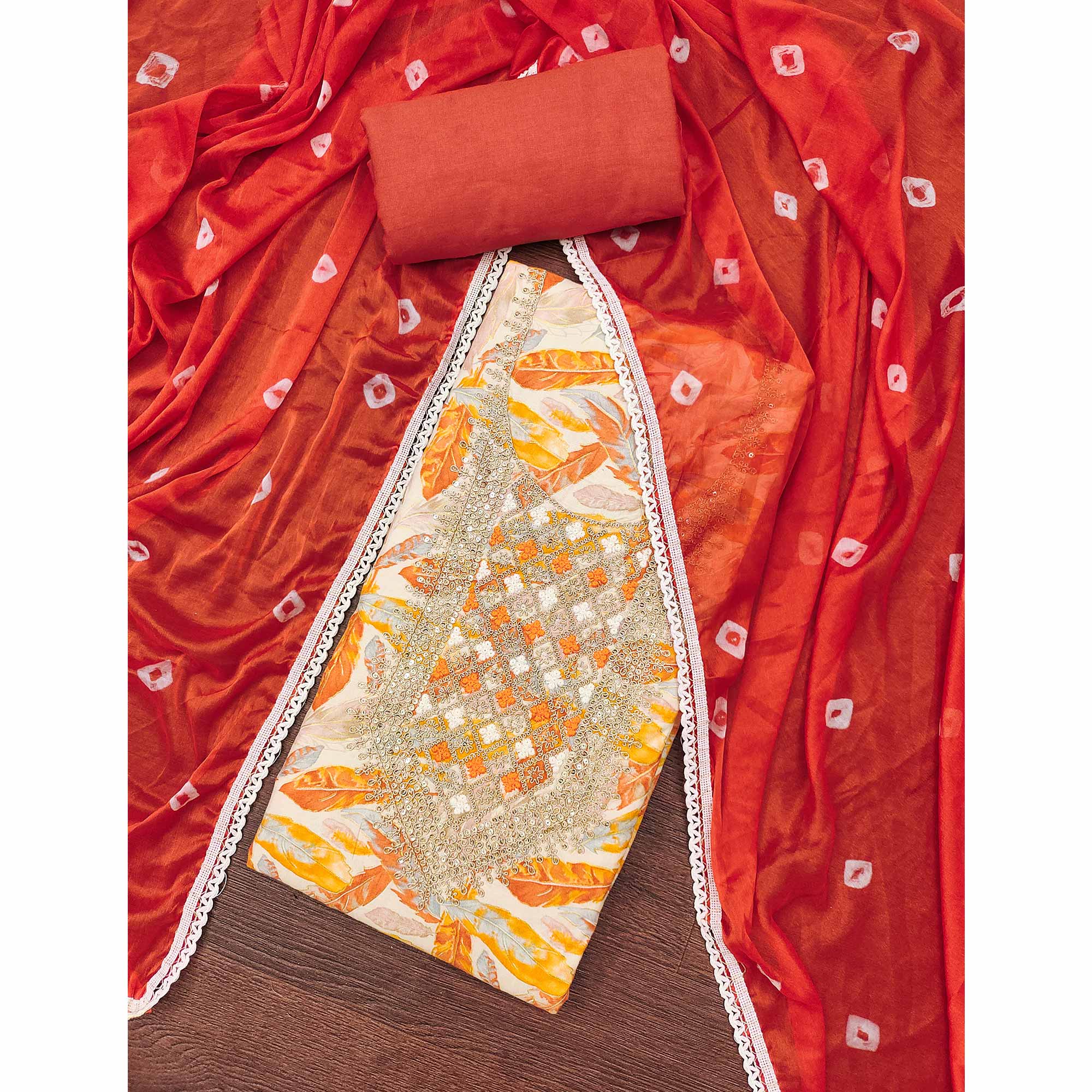 Off White & Orange Floral Printed Pure Cotton Unstitched Dress Material