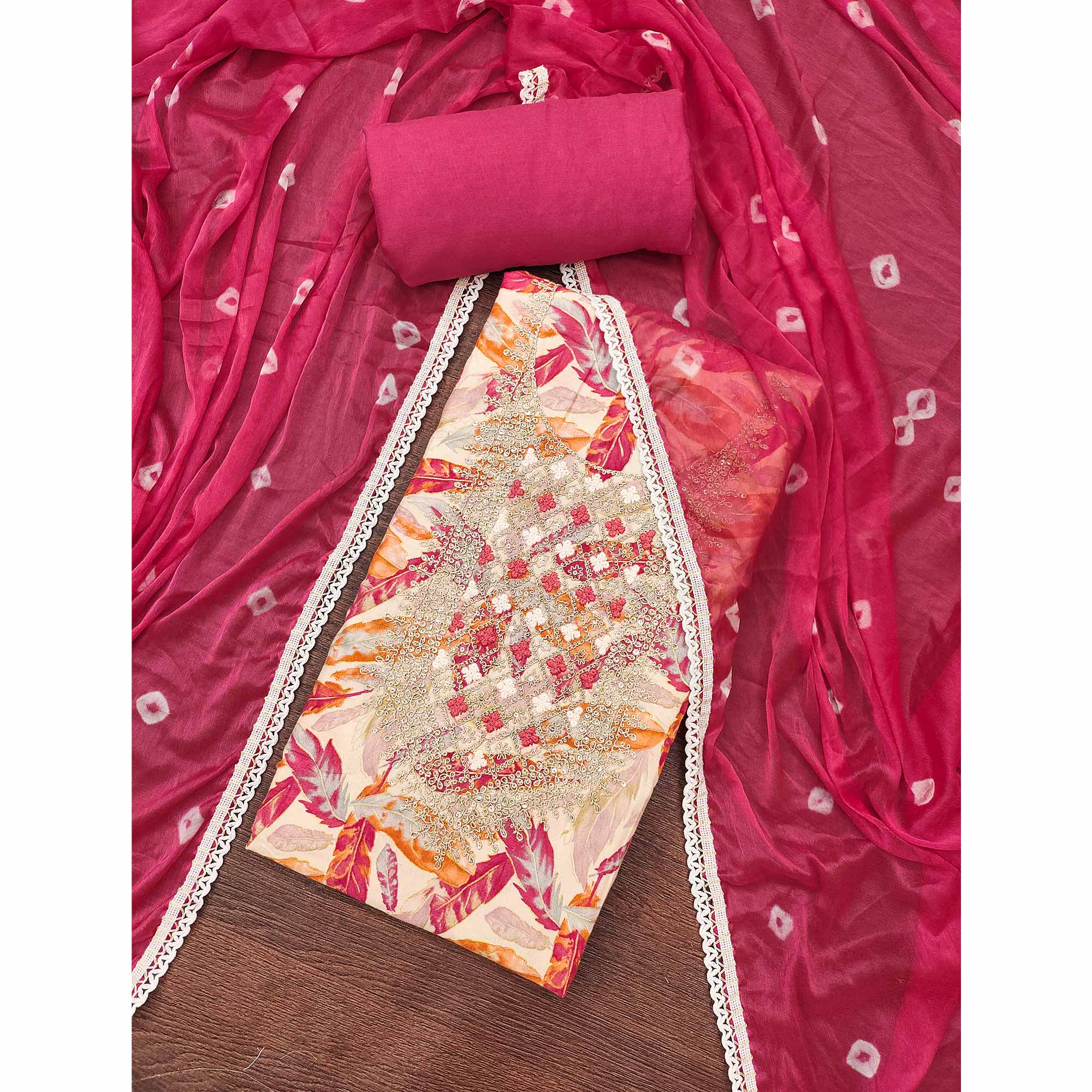 Off White & Pink Floral Printed Pure Cotton Unstitched Dress Material