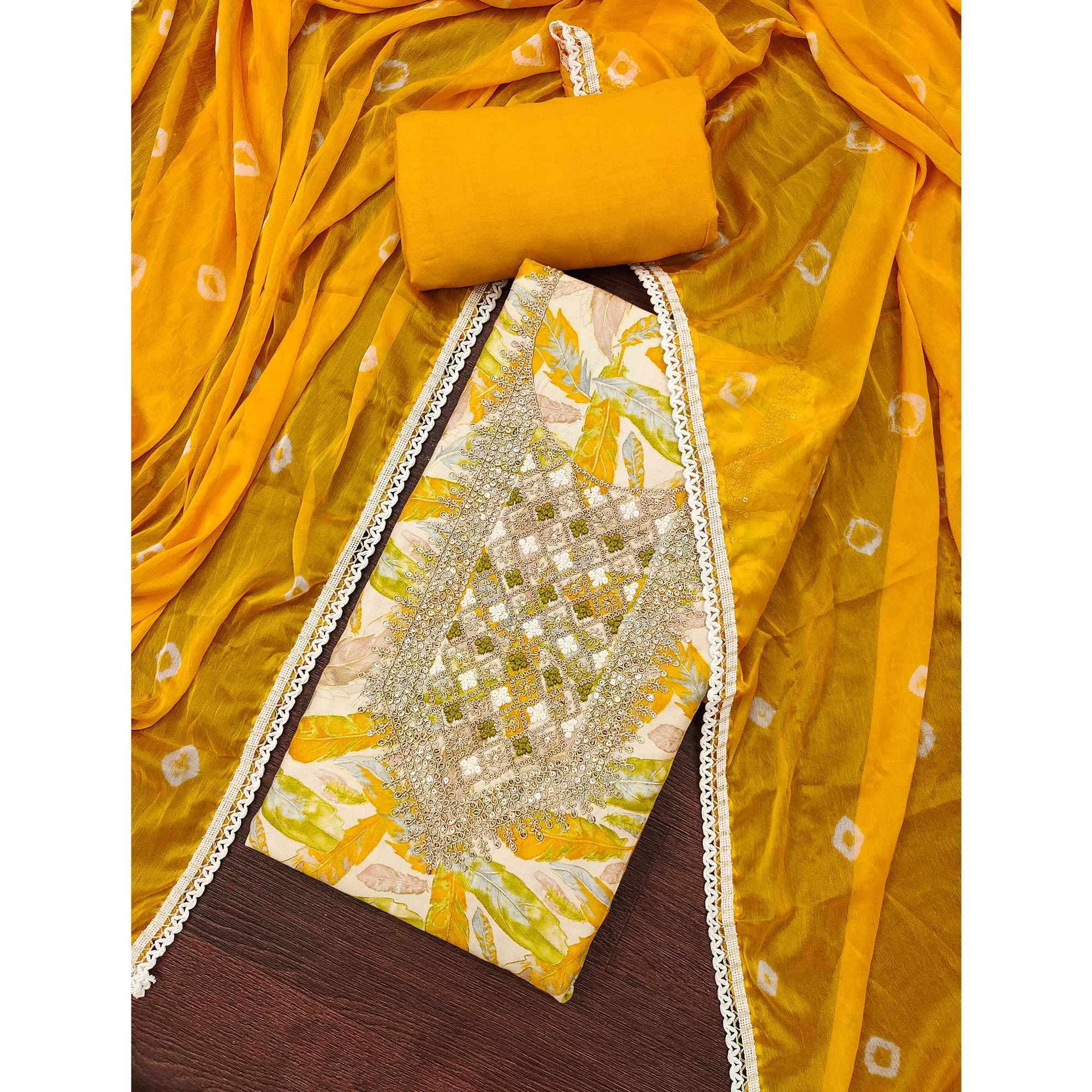 Off White & Yellow Floral Printed Pure Cotton Unstitched Dress Material