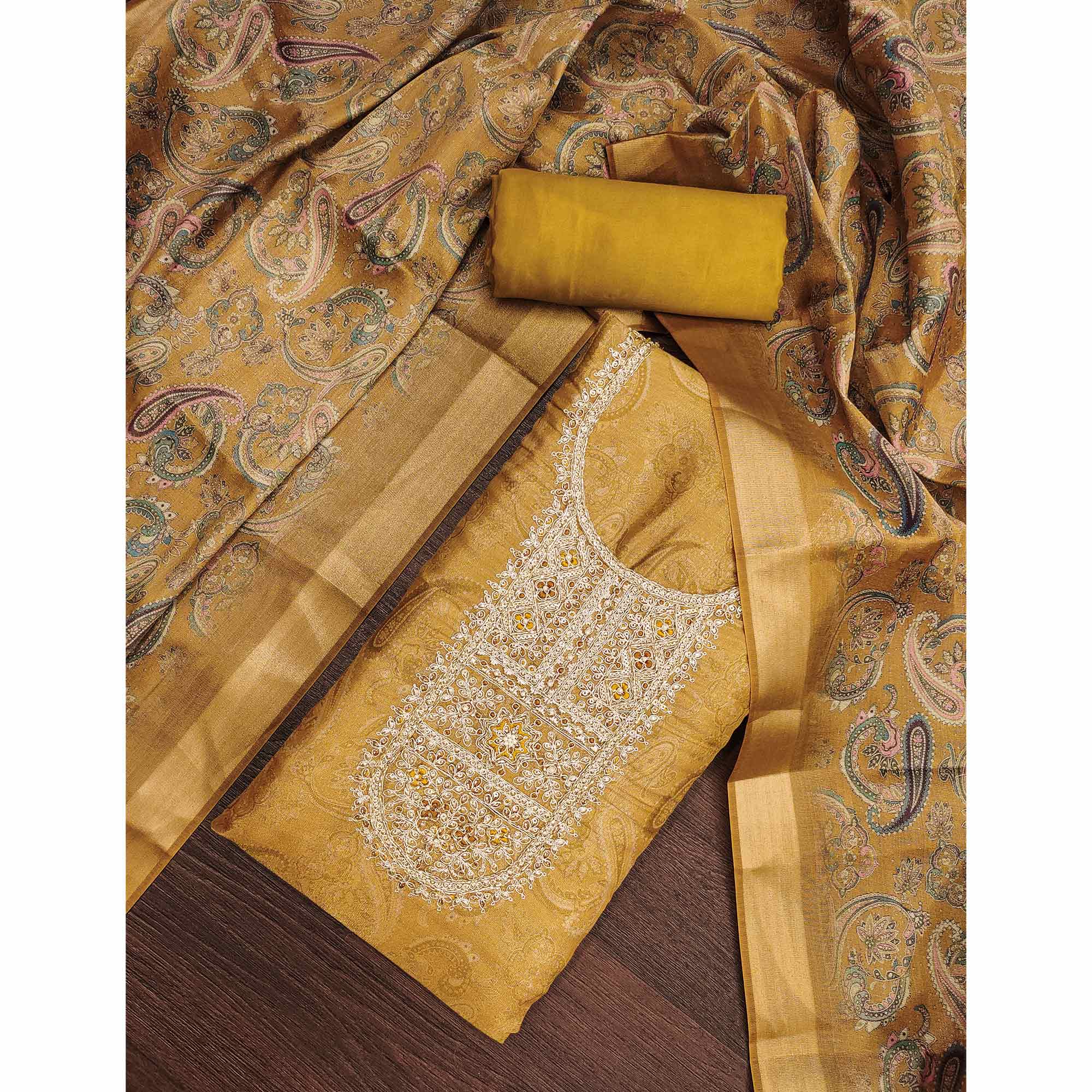 Festive Olive Printed Shimmer Cotton Silk Unstitched Dress Material with Decorative Thread Work