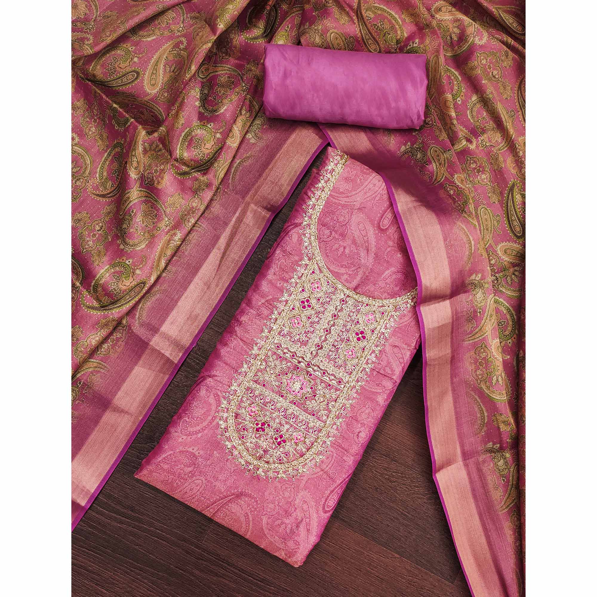 Festive Pink Printed Shimmer Cotton Silk Unstitched Dress Material with Decorative Thread Work