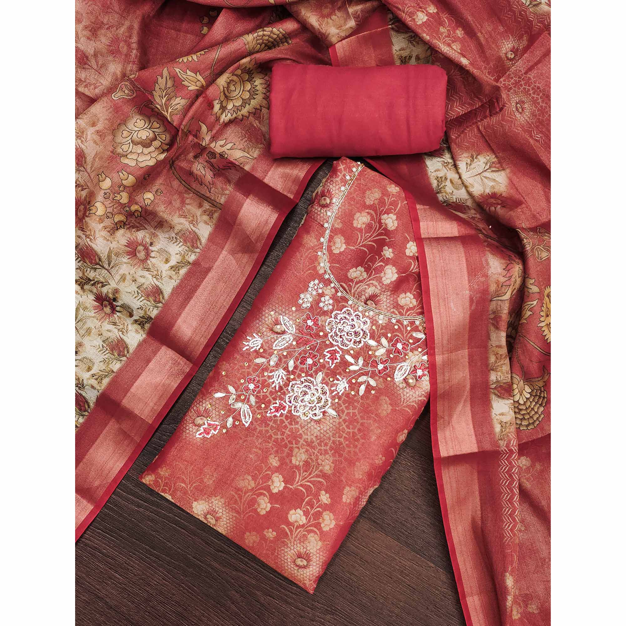 Gajri Pink Shimmer Cotton Silk Suit Fabric with Printed Motifs and Thread Embroidery